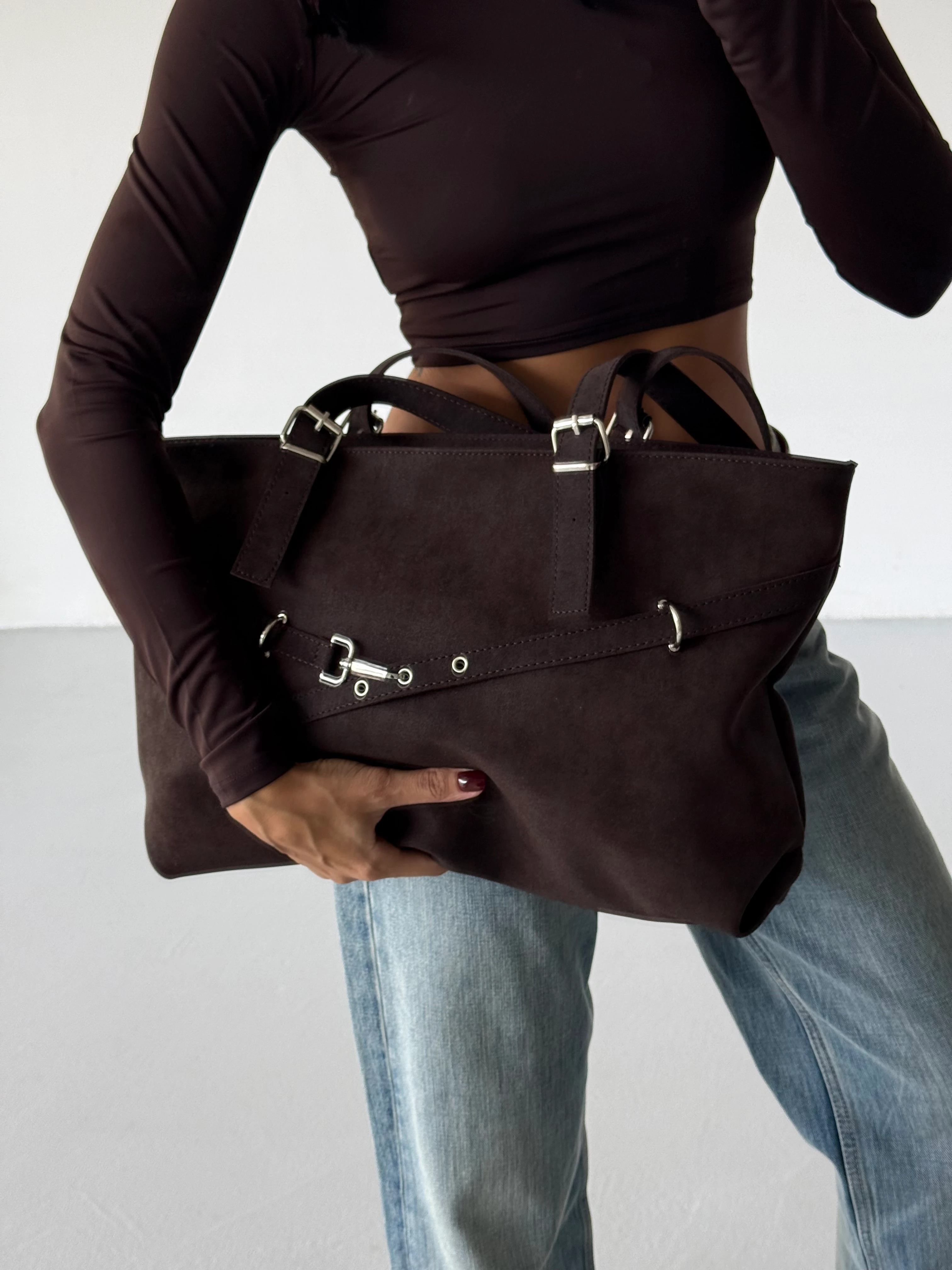 Kadın Kemer Detaylı Omuz Çantası Madrid - Kahve Süet