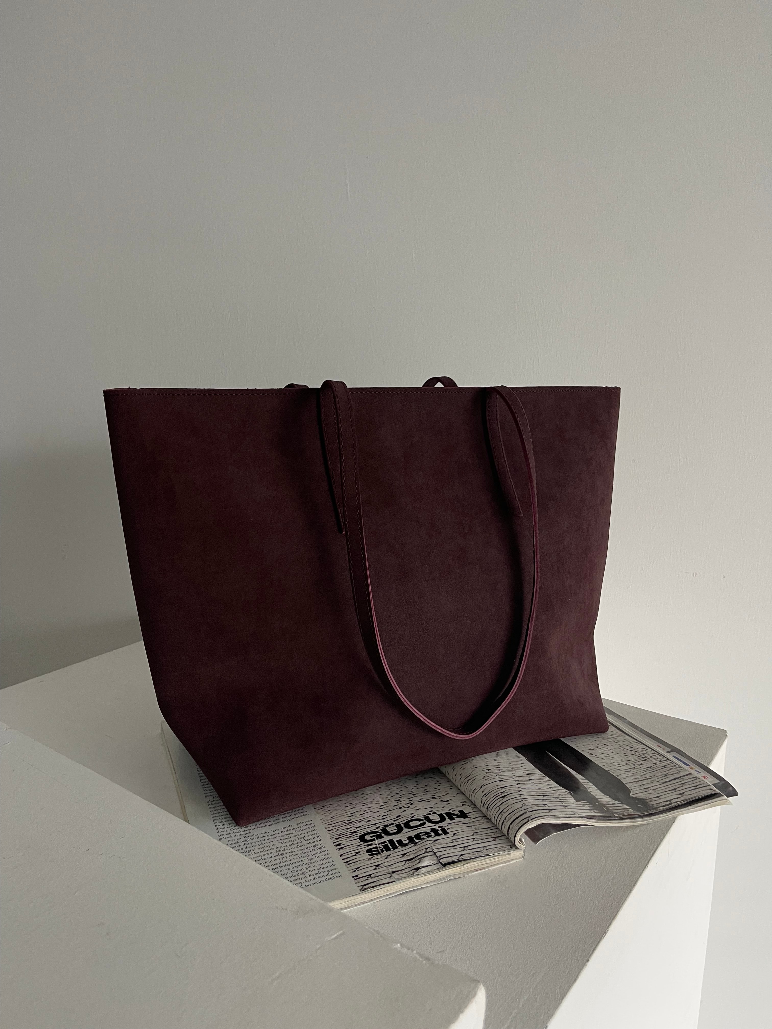 Kadın Fermuarlı Çift Saplı Shopper Omuz Çantası Sable - Bordo Süet