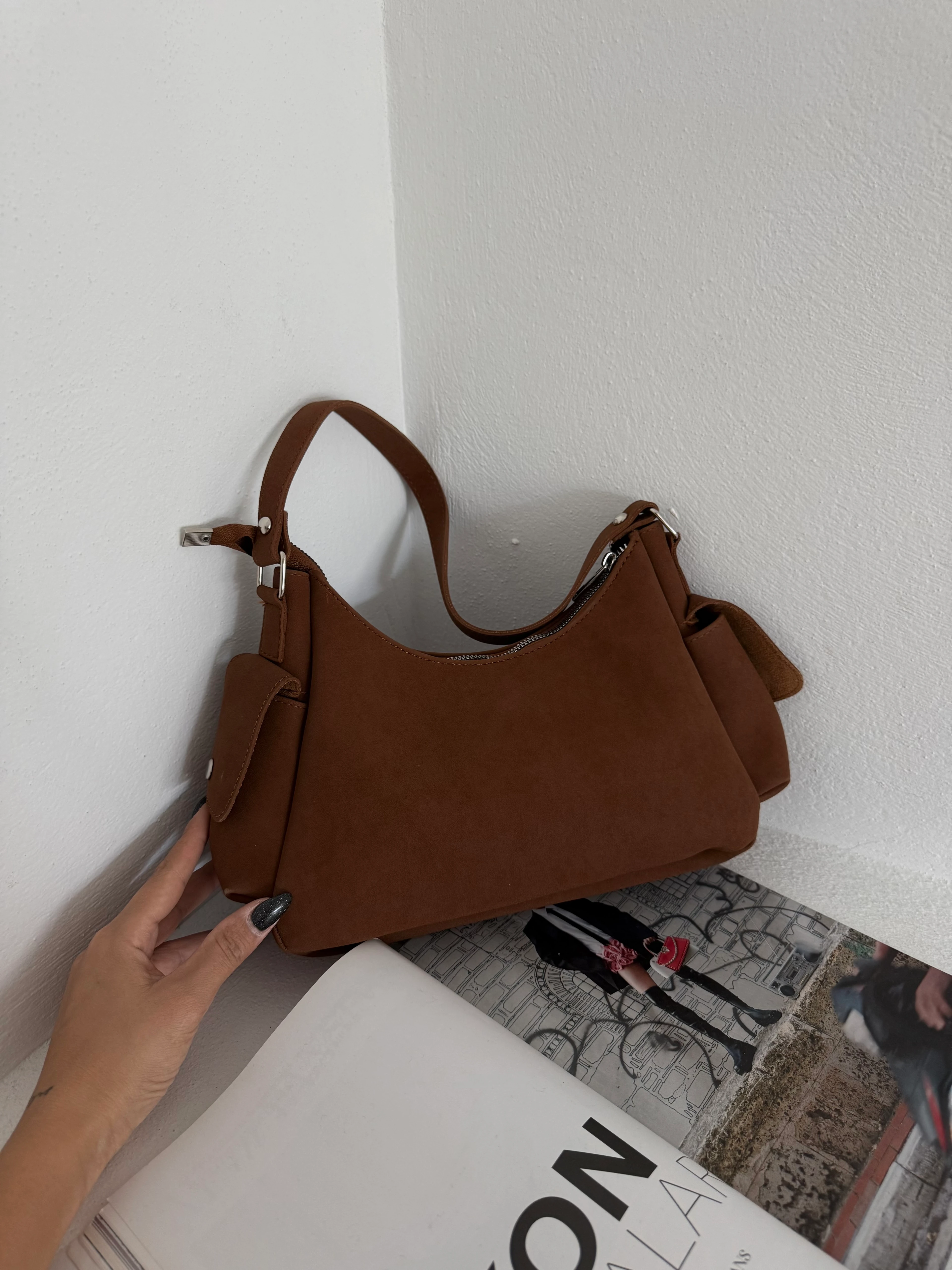 Kadın Çok Cepli Omuz Çantası Poli - Taba Süet