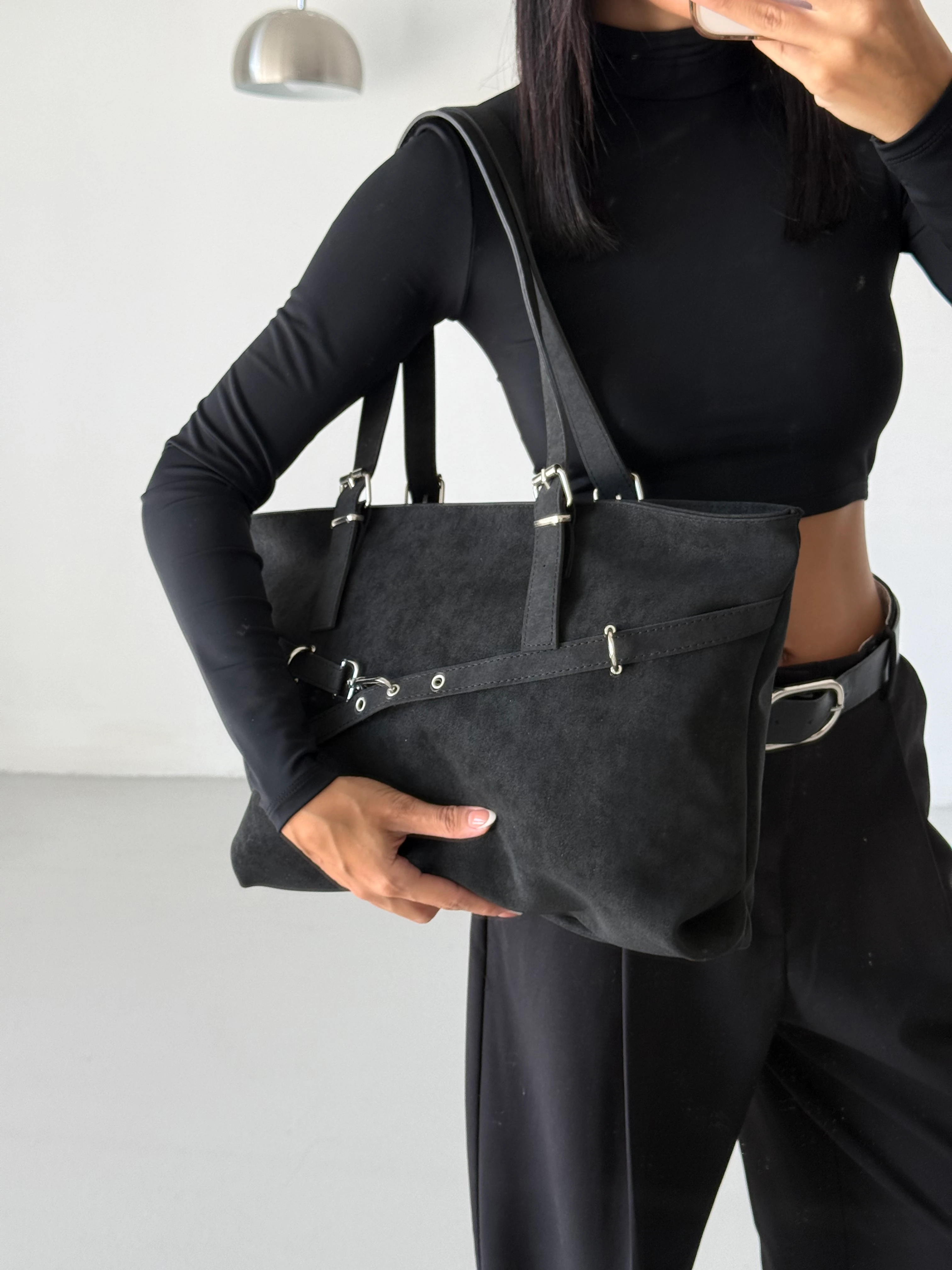 Kadın Kemer Detaylı Omuz Çantası Madrid - Siyah Süet