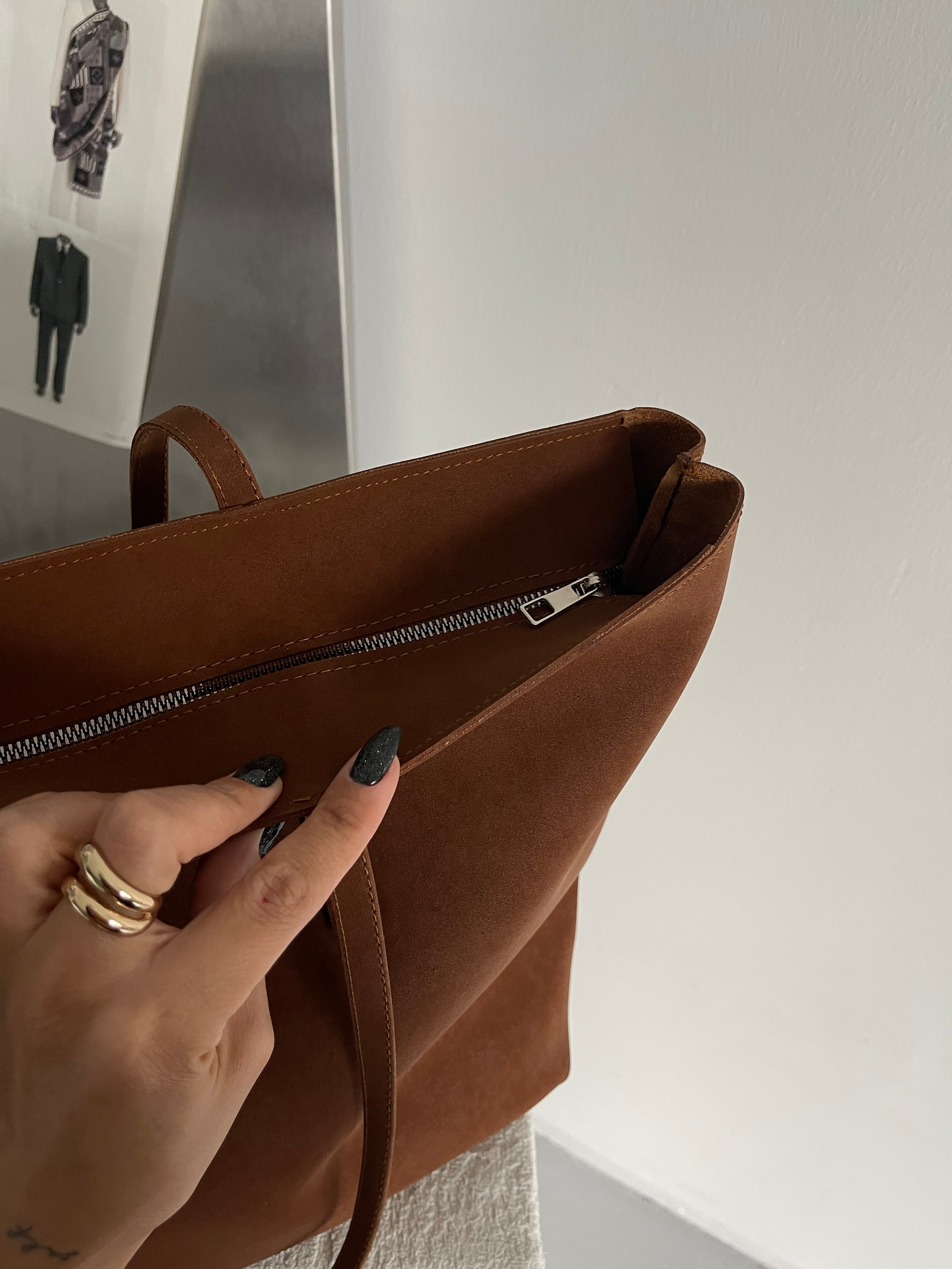 Kadın Fermuarlı Çift Saplı Shopper Omuz Çantası Sable - Taba Süet