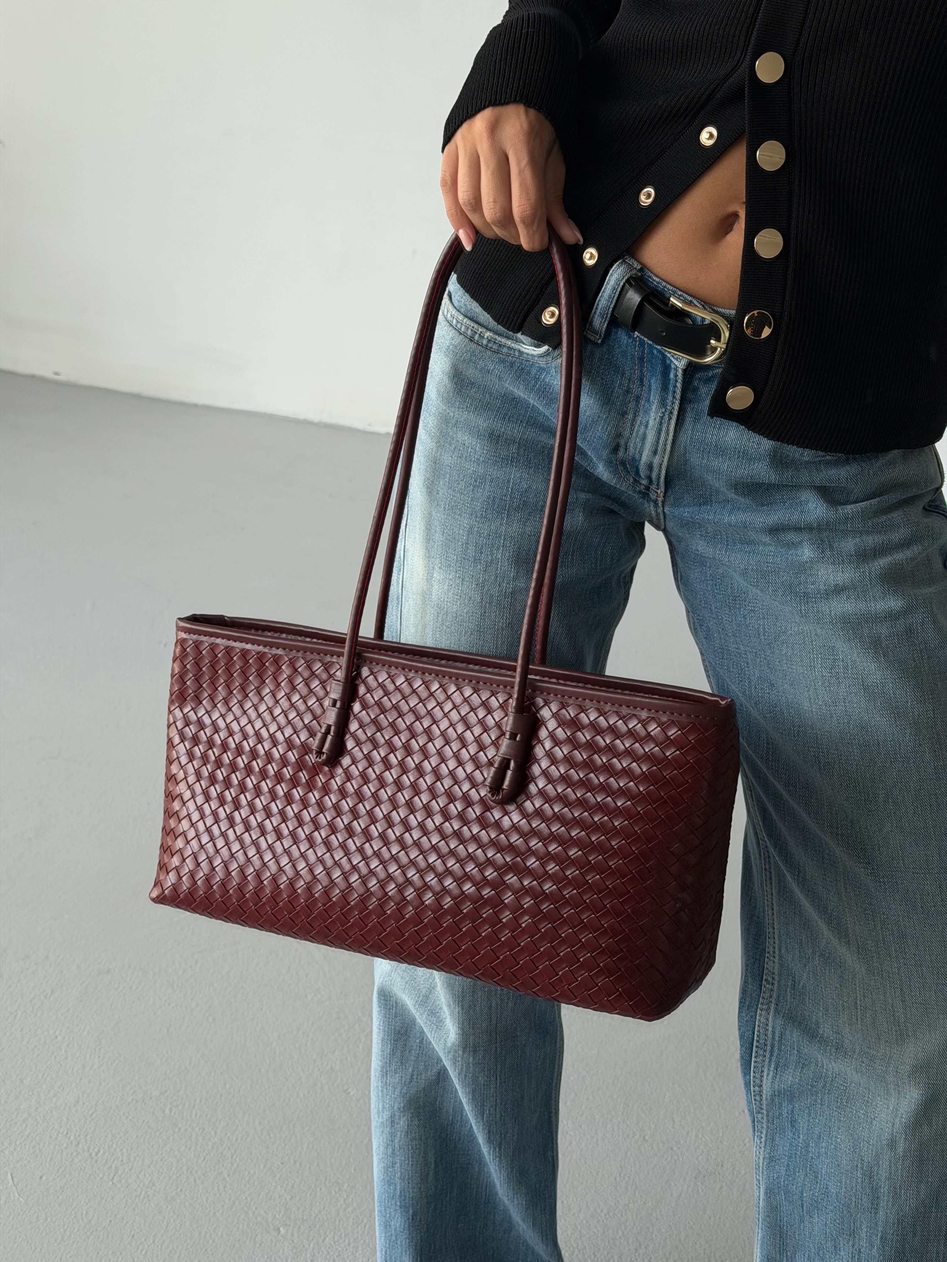 Örgü Desenli Tote Çanta Lizbon - Bordo