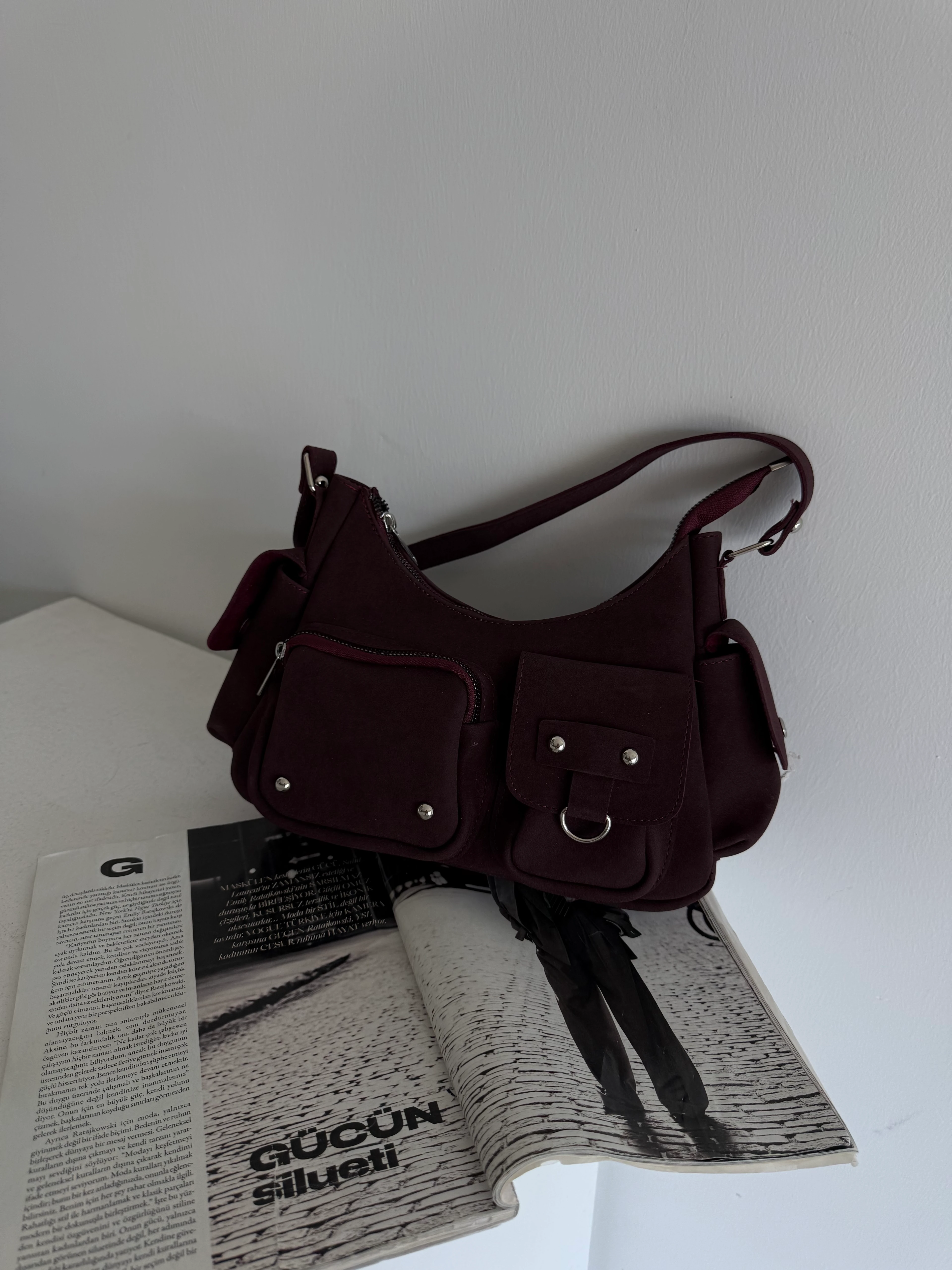 Kadın Çok Cepli Omuz Çantası Poli - Bordo Süet