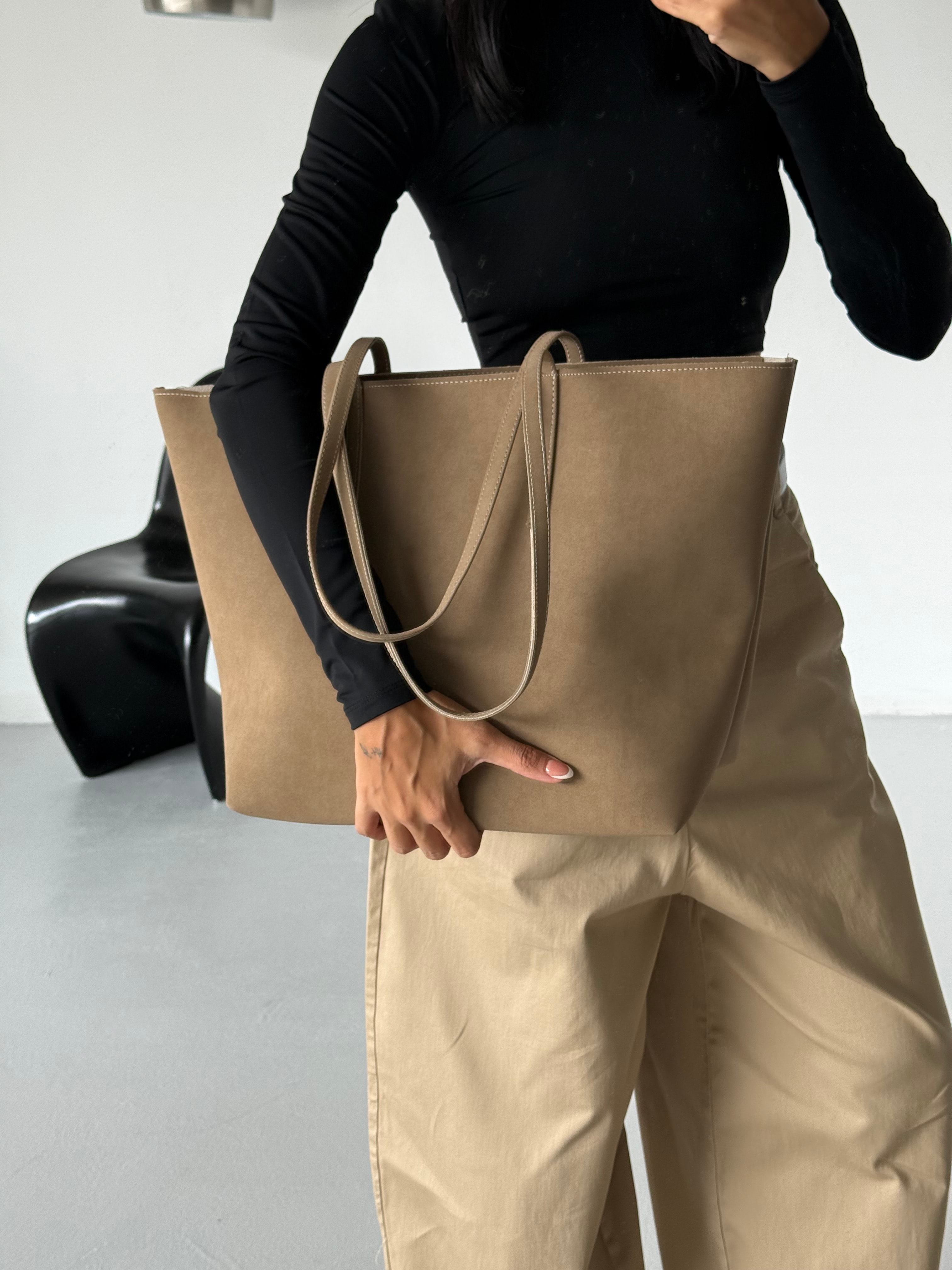 Kadın Fermuarlı Çift Saplı Shopper Omuz Çantası Sable - Vizon Süet