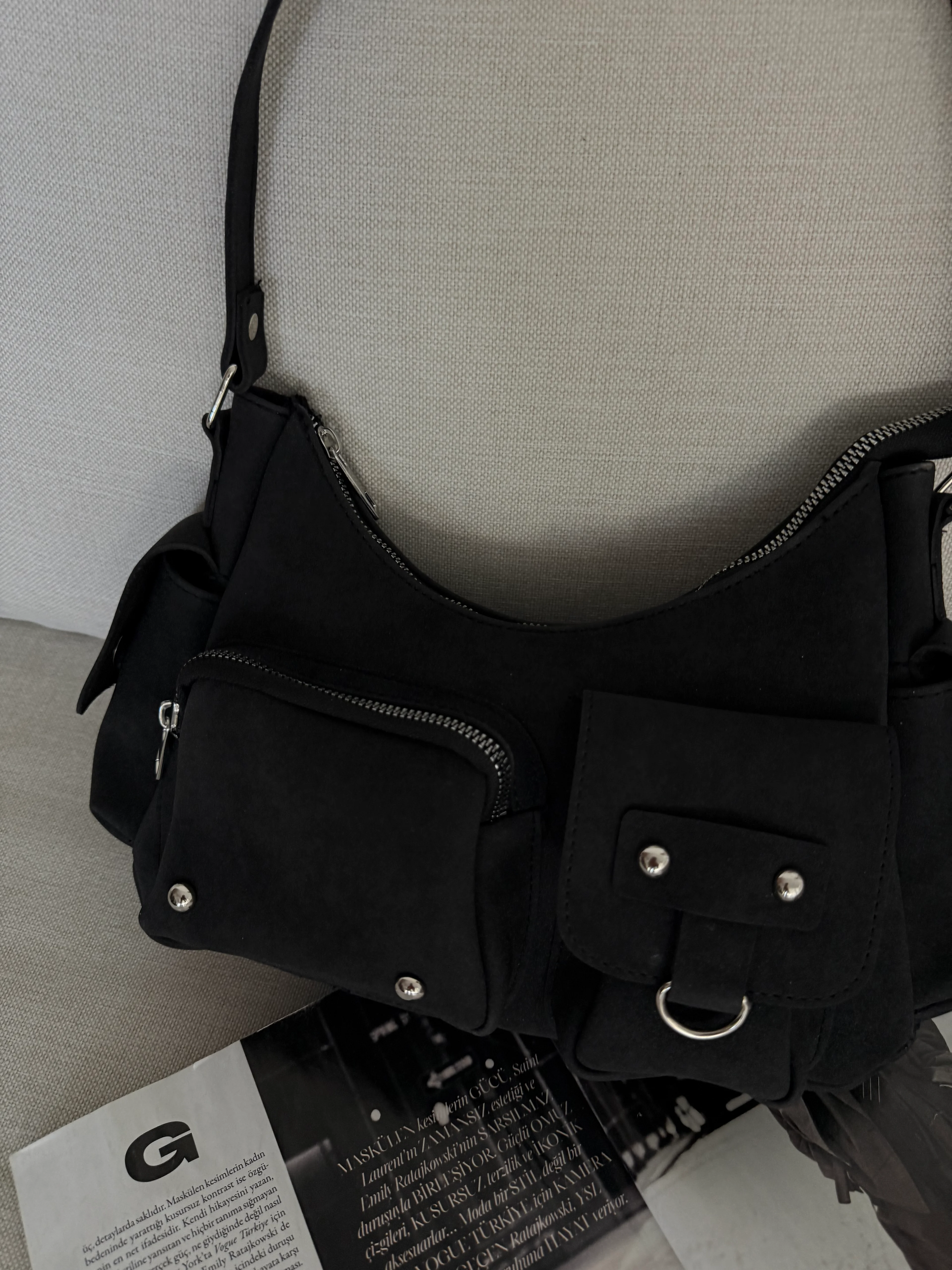 Kadın Çok Cepli Omuz Çantası Poli - Siyah Süet