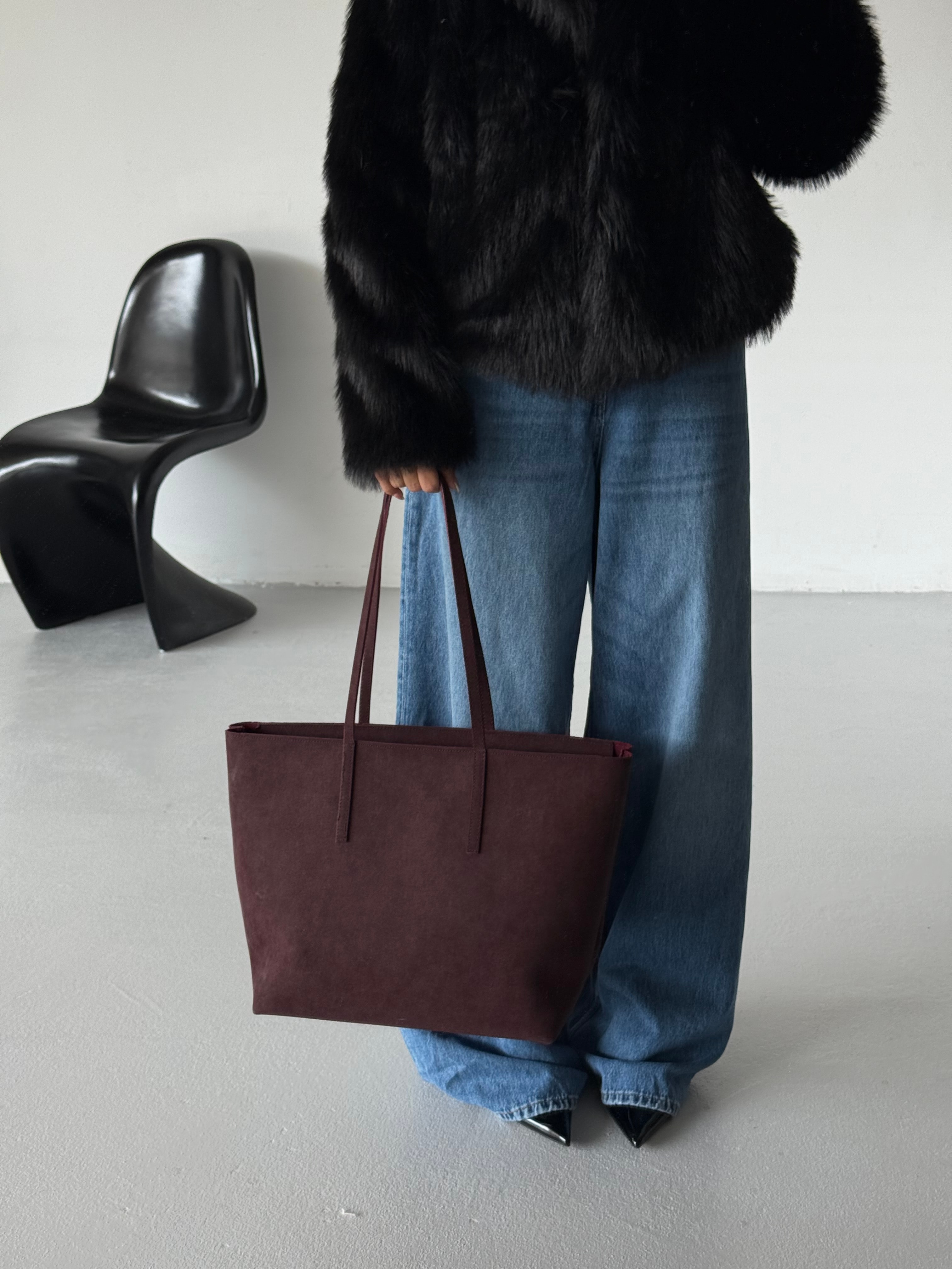 Kadın Fermuarlı Çift Saplı Shopper Omuz Çantası Sable - Bordo Süet