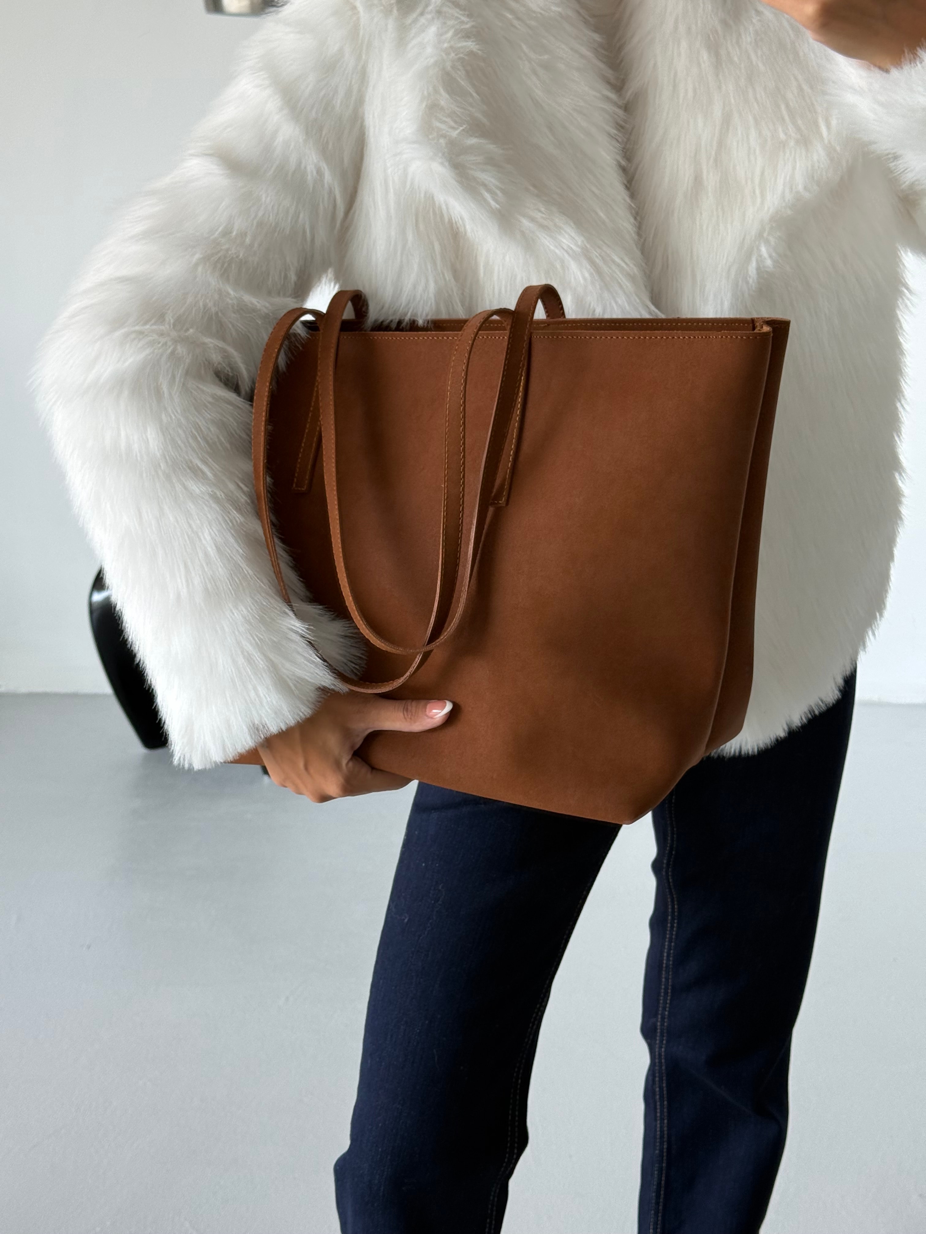 Kadın Fermuarlı Çift Saplı Shopper Omuz Çantası Sable - Taba Süet