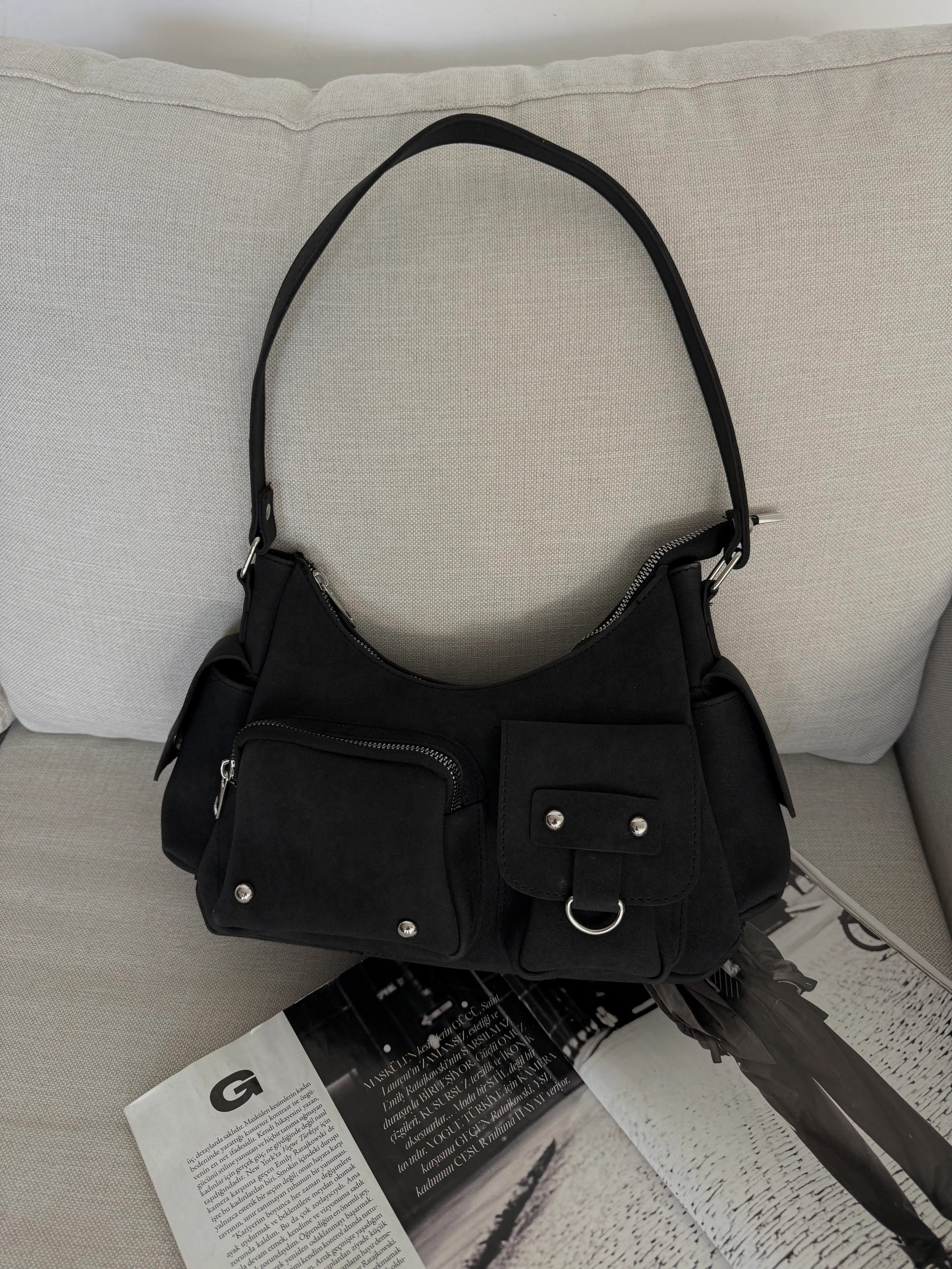 Kadın Çok Cepli Omuz Çantası Poli - Siyah Süet