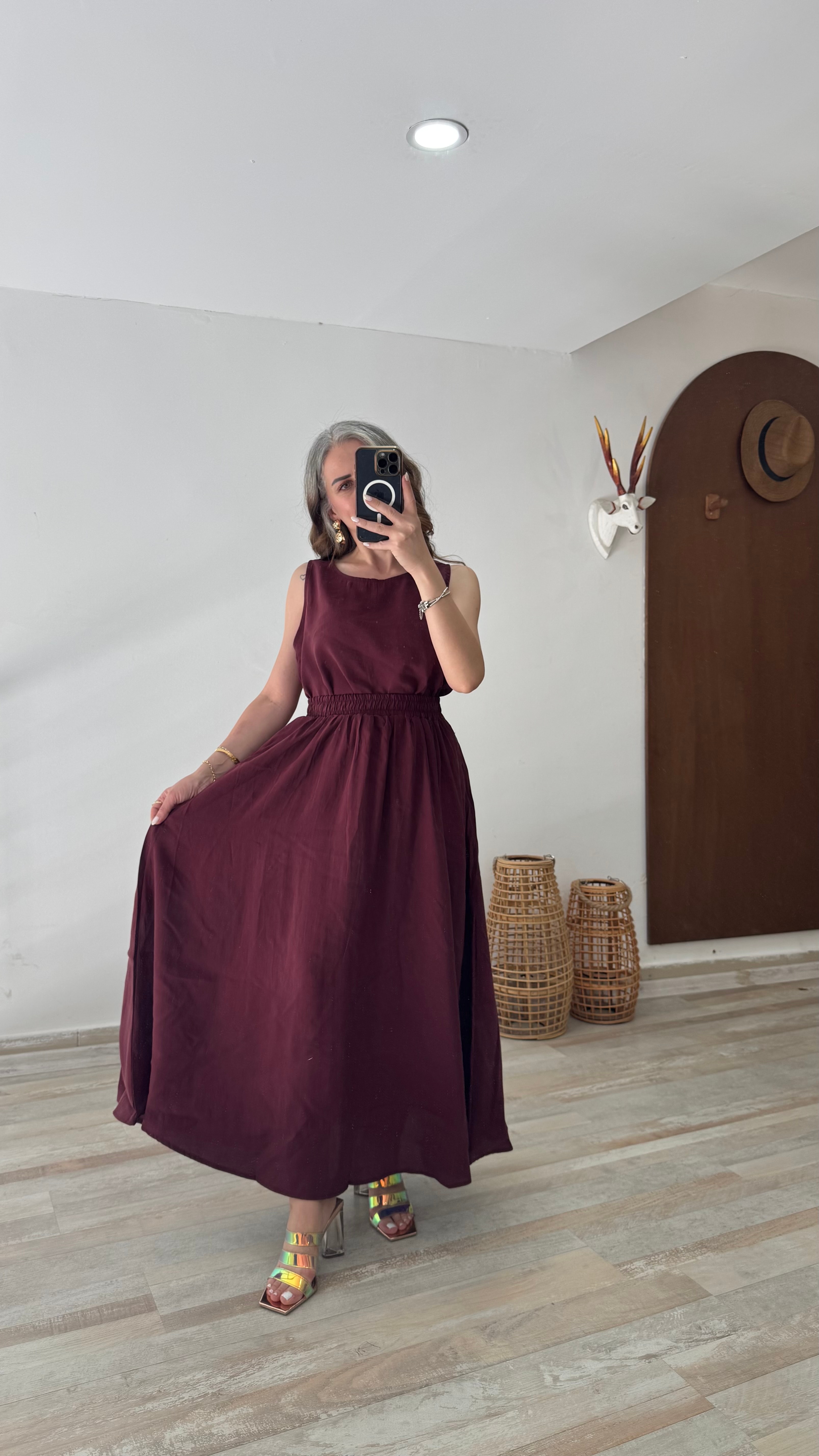 Bordo Tensel Kumaş Etekli Takım