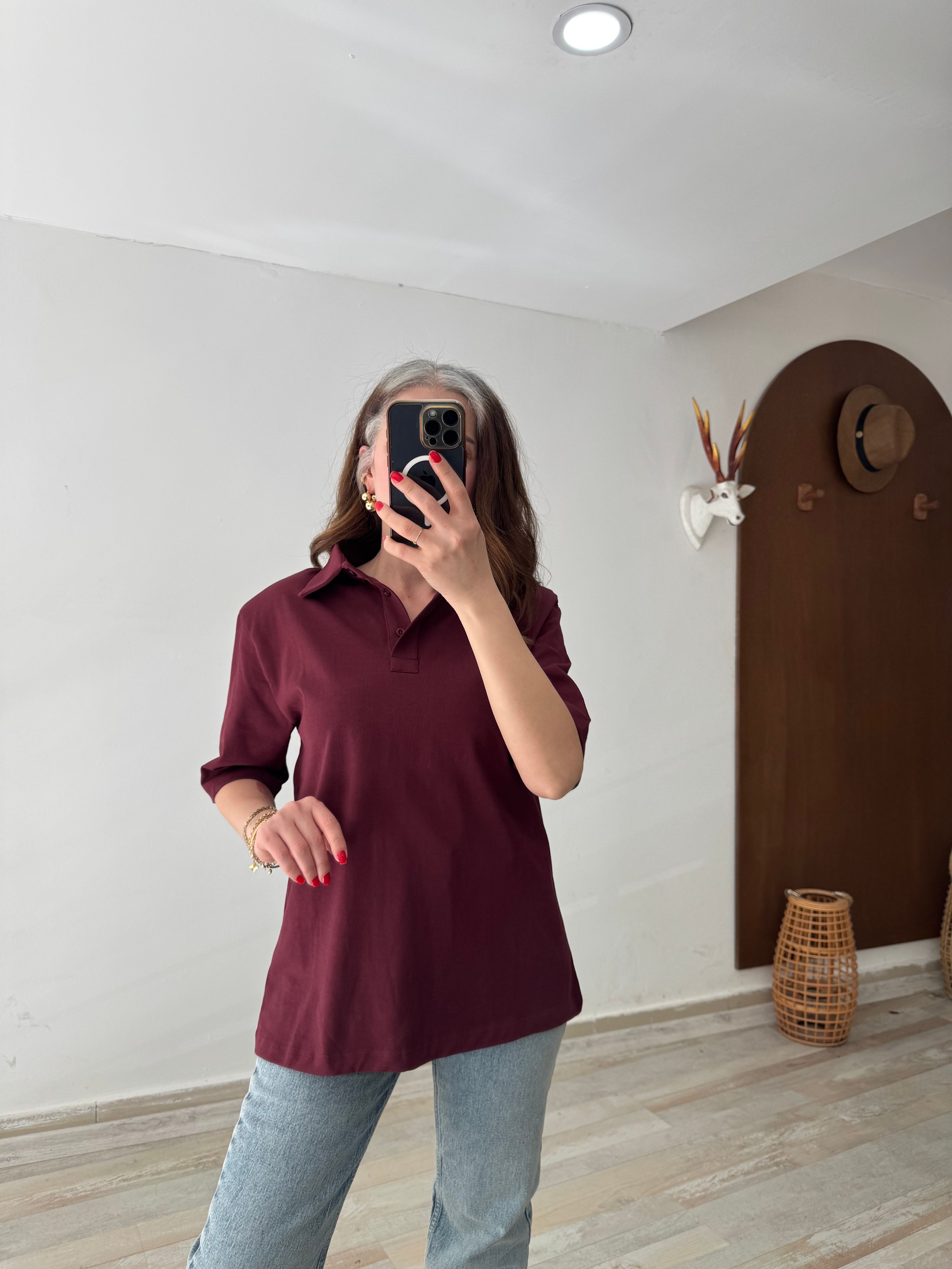 Bordo Polo Yaka Vatkalı Basic