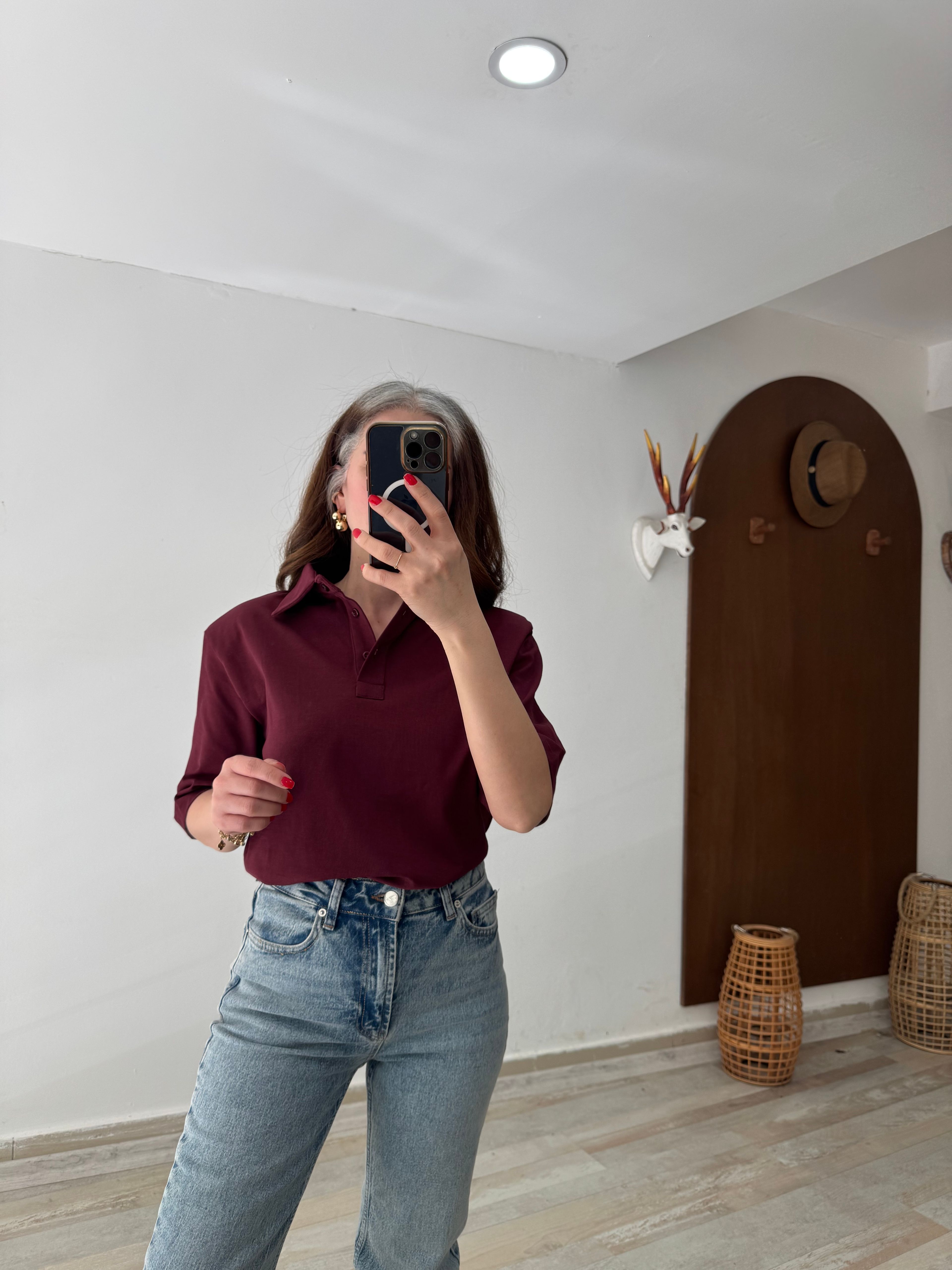Bordo Polo Yaka Vatkalı Basic