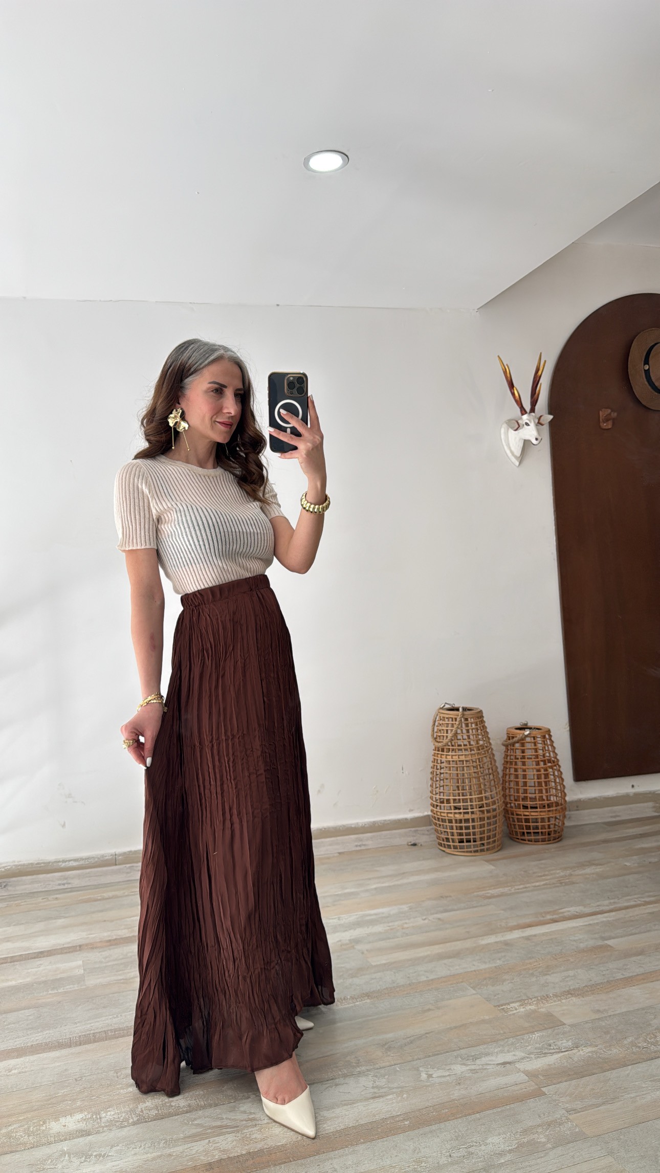 kırışık kumaş beli lastikli kahve etek 