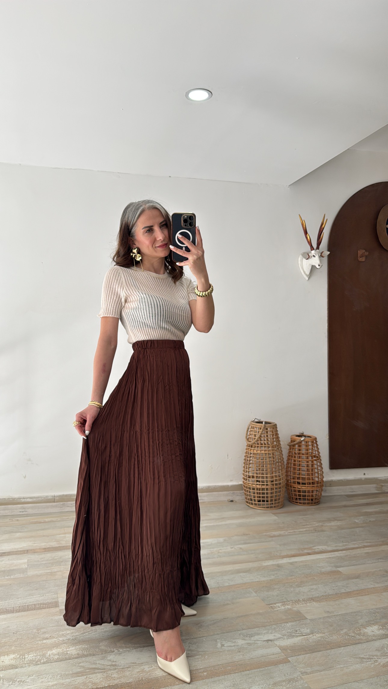 kırışık kumaş beli lastikli kahve etek 