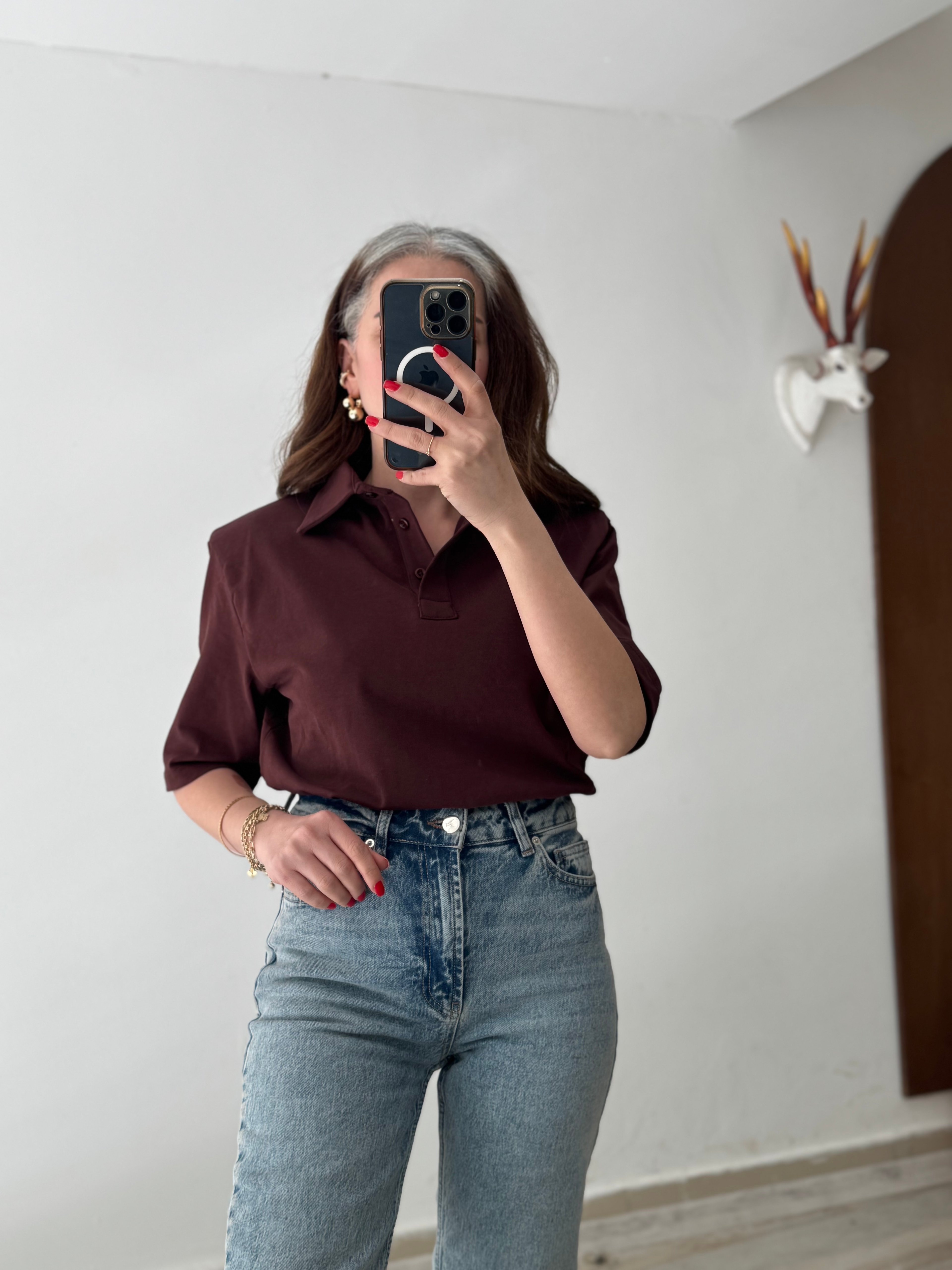 Kahverengi Polo Yaka Vatkalı Basic