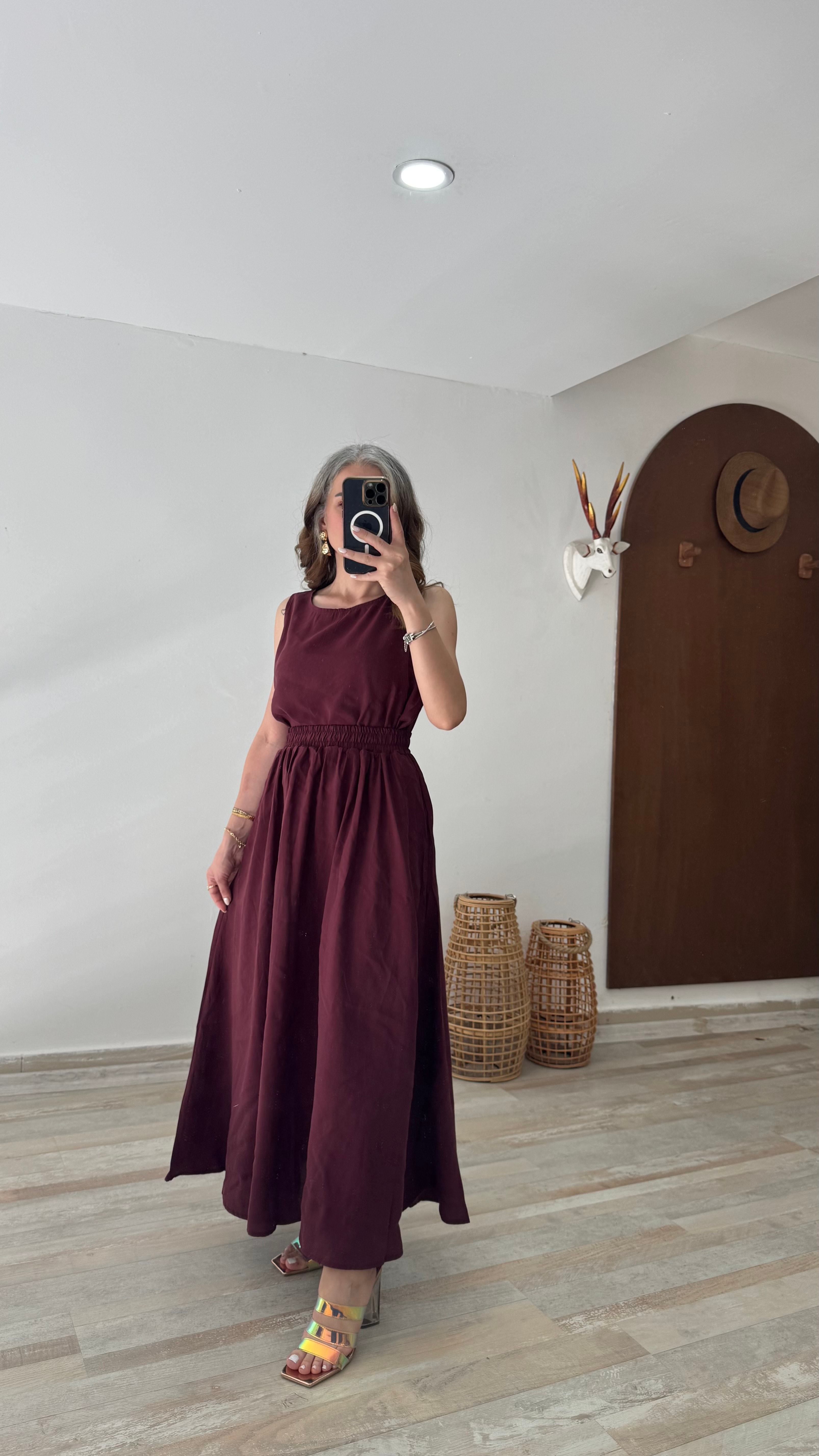 Bordo Tensel Kumaş Etekli Takım