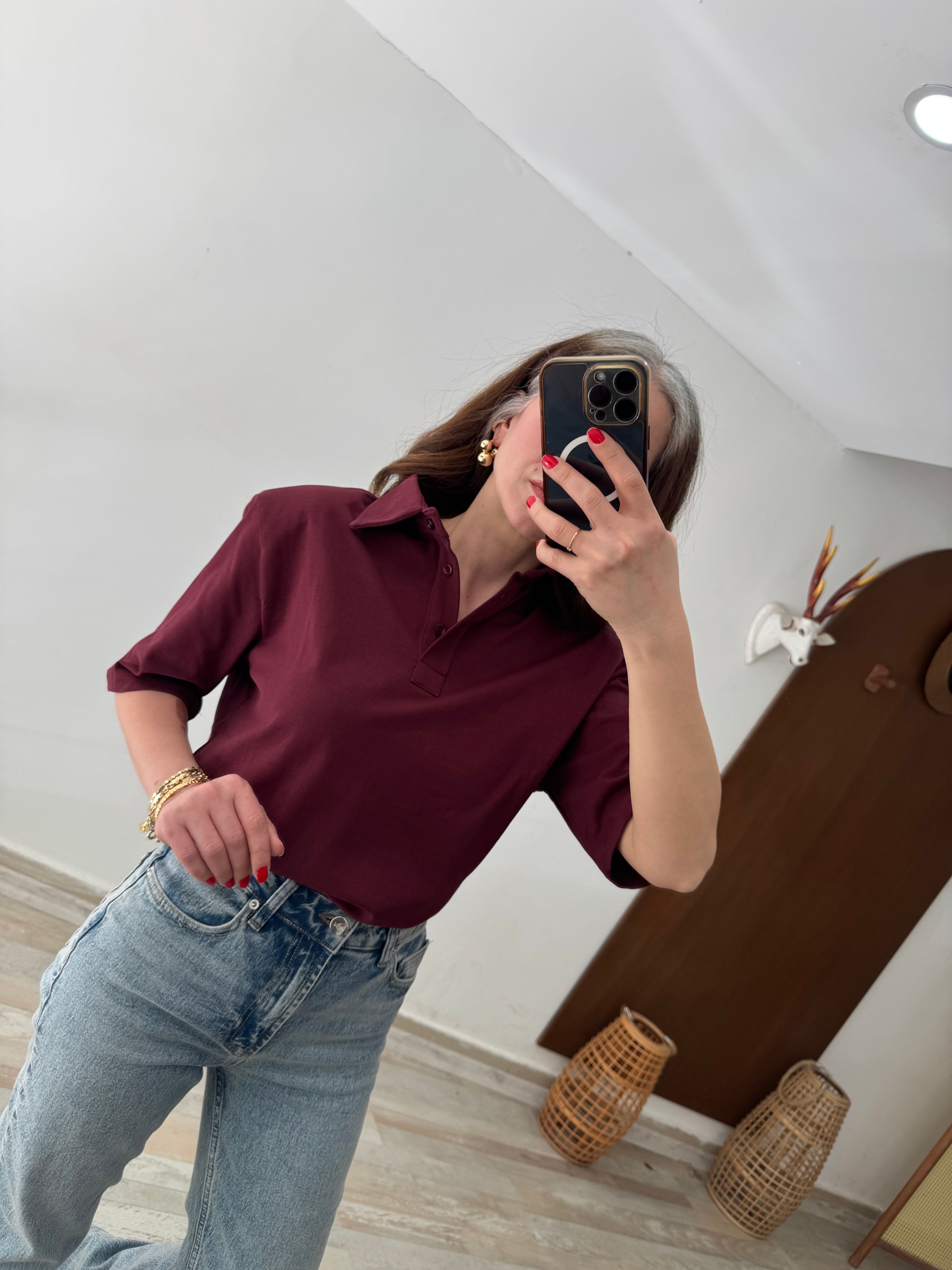 Bordo Polo Yaka Vatkalı Basic