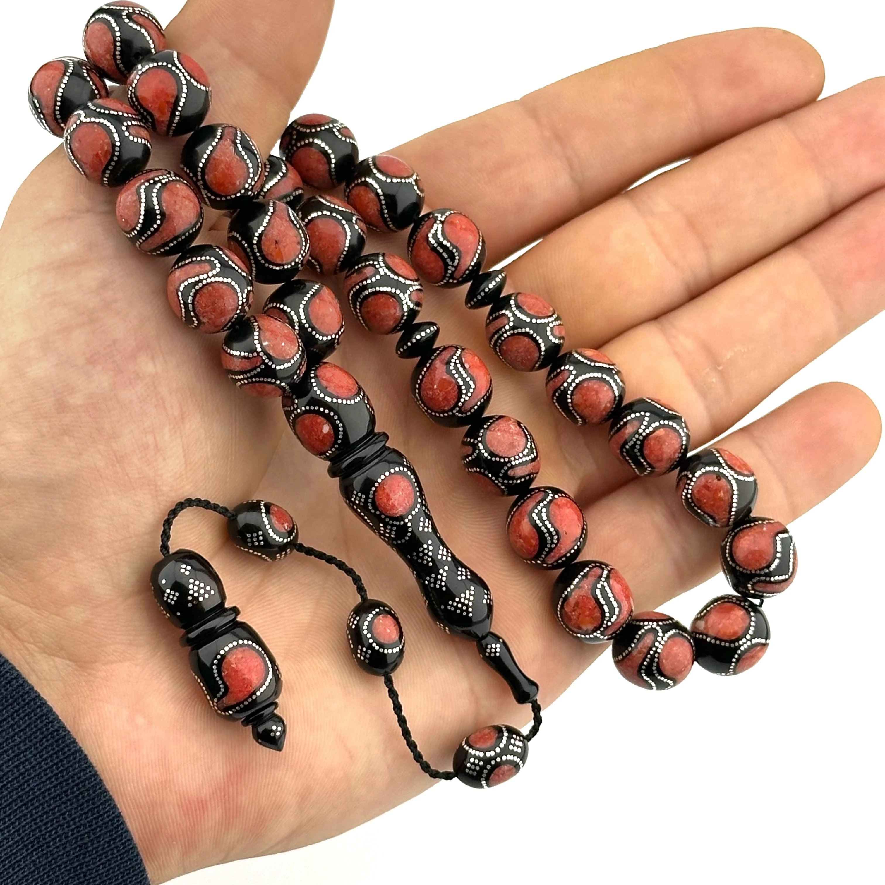 Premium Rosary Mercan Ve Gümüş İşlemeli Kuka Tesbih