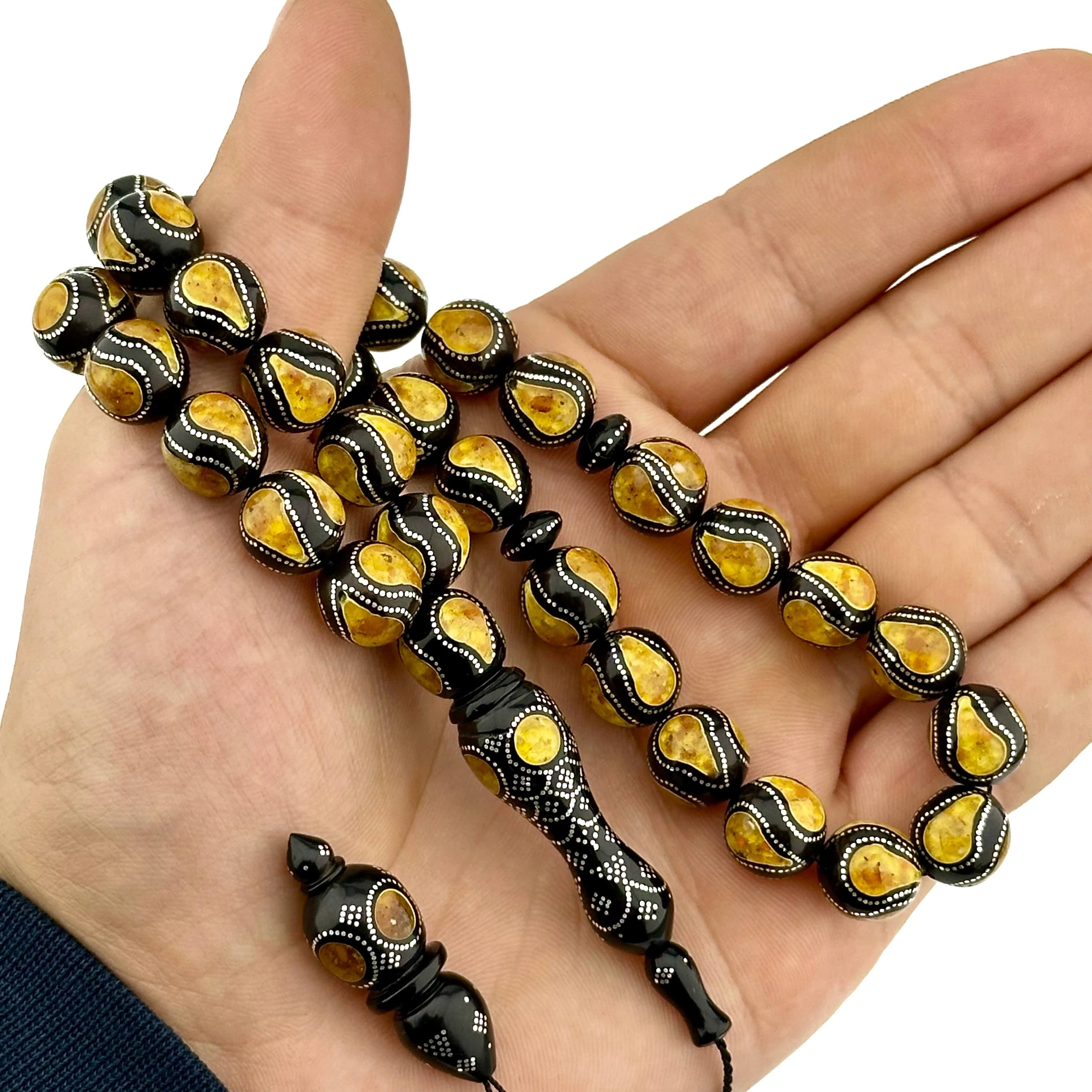 Premium Class Kehribar Ve Gümüş İşlemeli Kuka Tesbih 