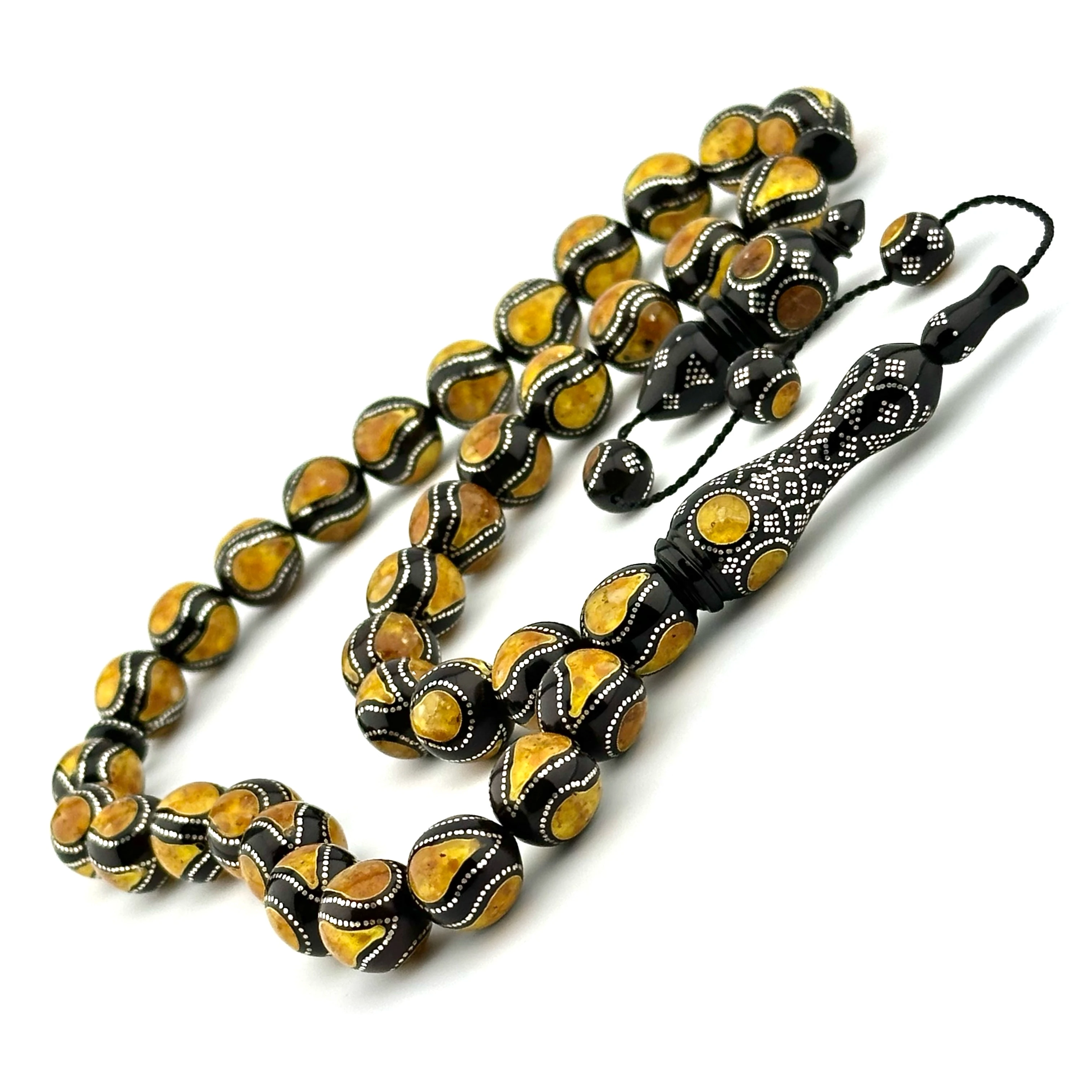 Premium Class Kehribar Ve Gümüş İşlemeli Kuka Tesbih 