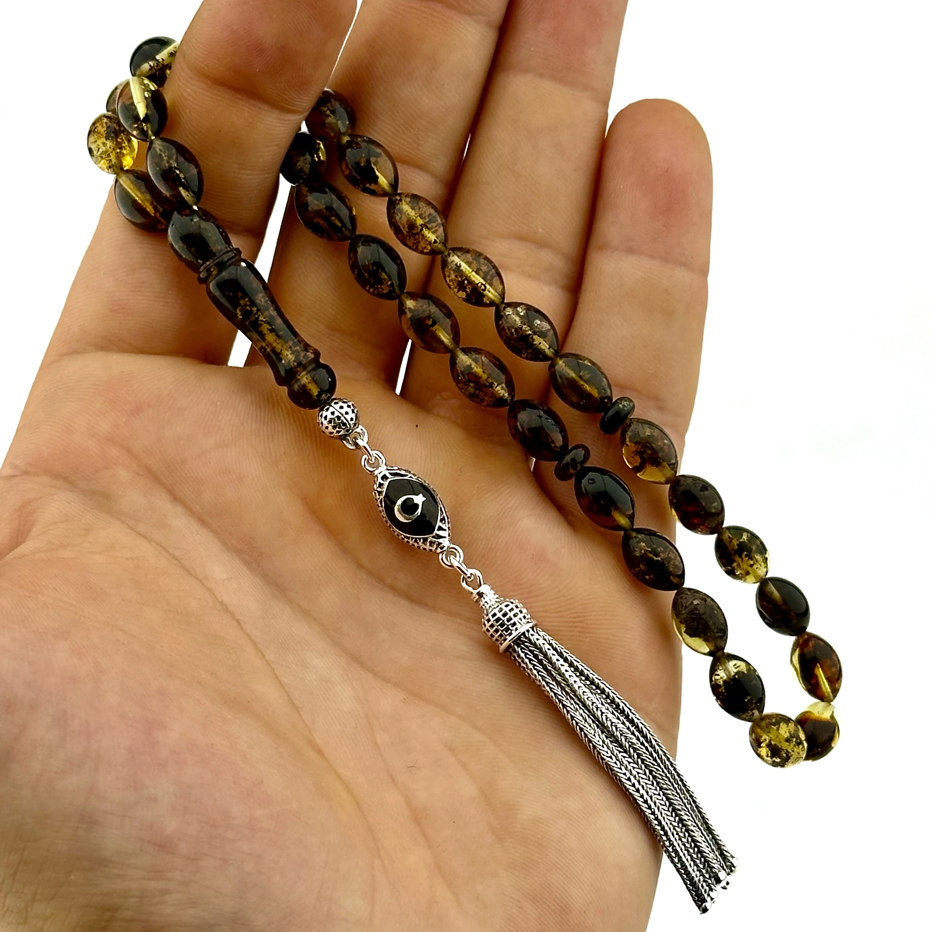 Fossil Amber - Gümüş Püskülüyle Doğal Damla Kehribar 