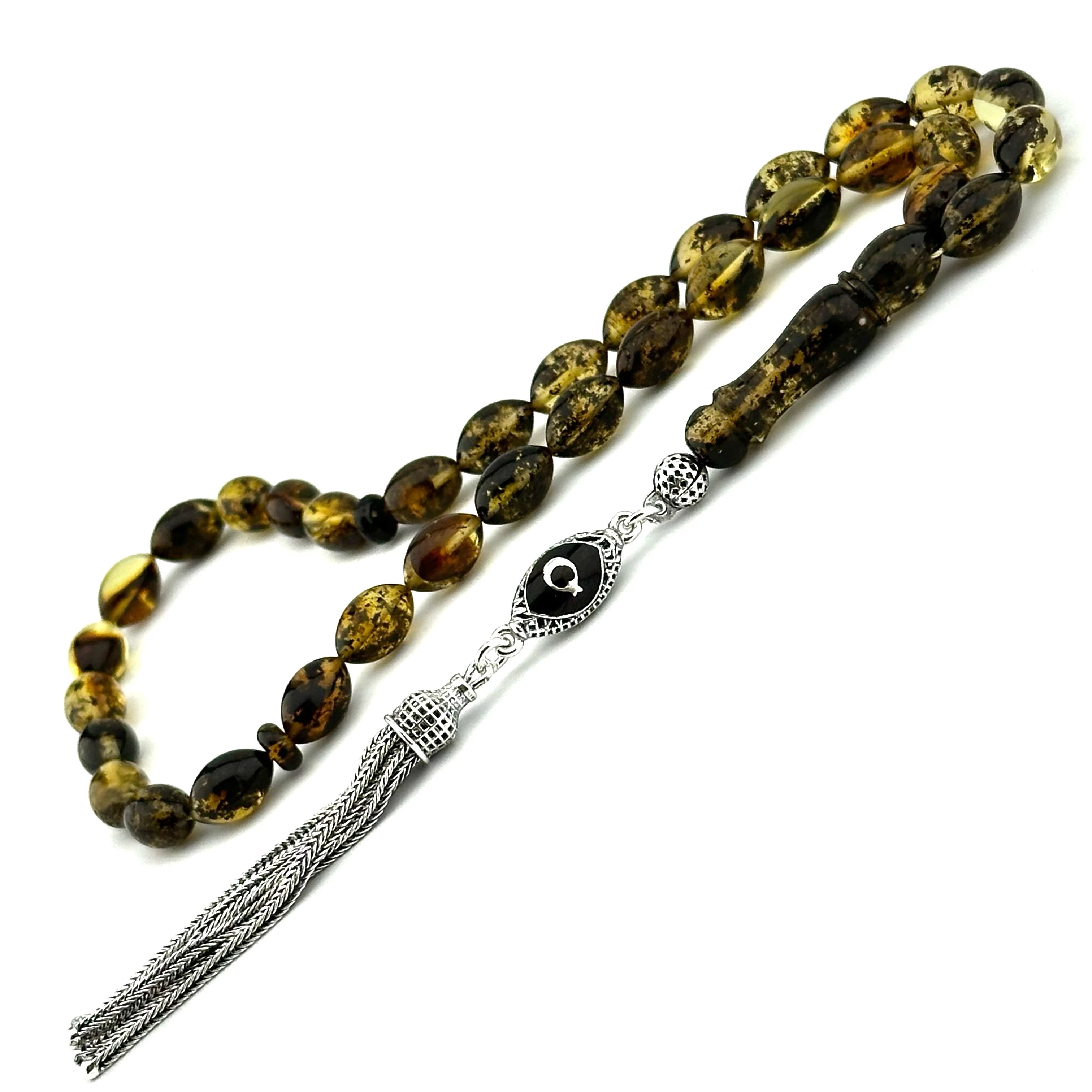 Fossil Amber - Gümüş Püskülüyle Doğal Damla Kehribar 