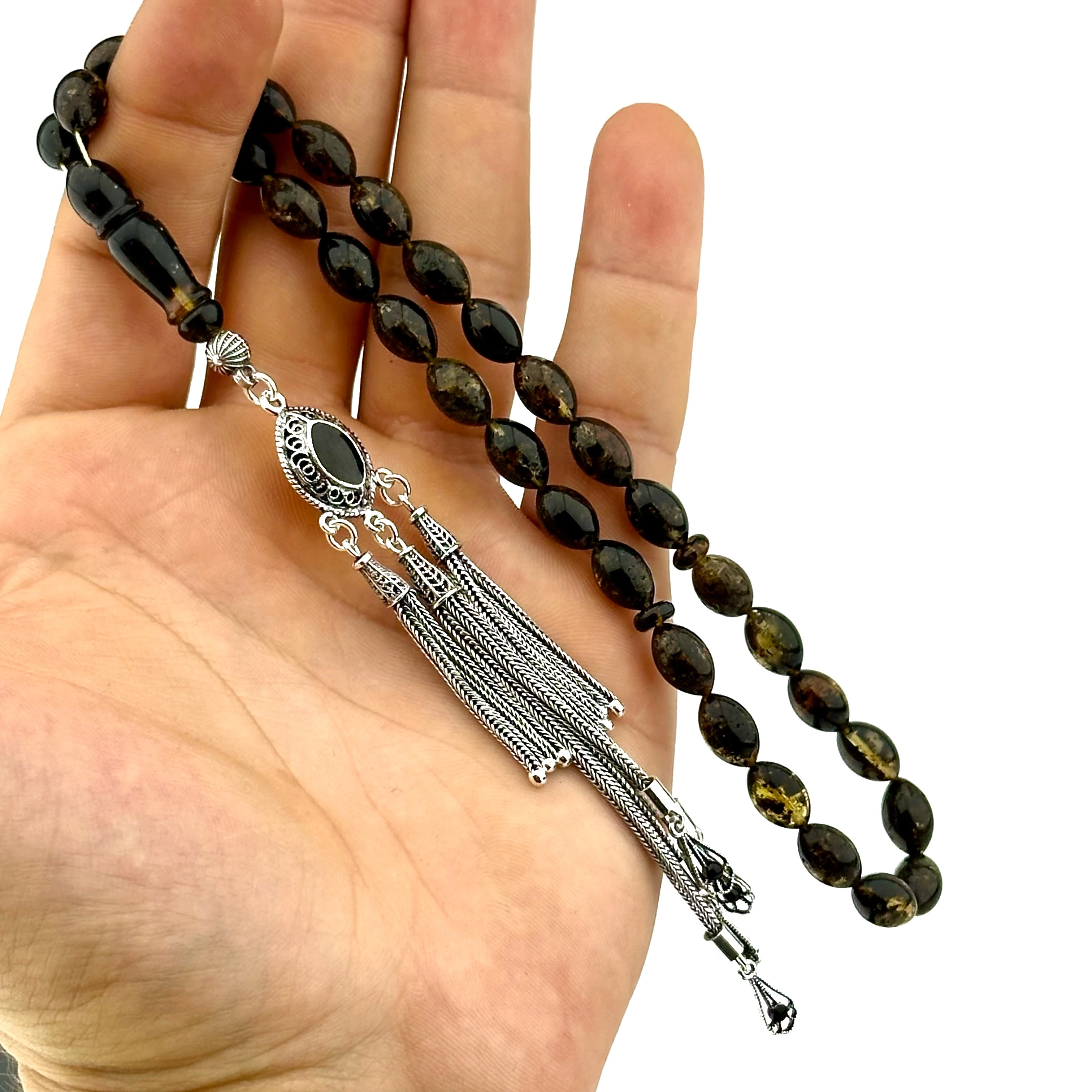 Ağır Gümüşüyle Doğal Fosil Damla Kehribar 