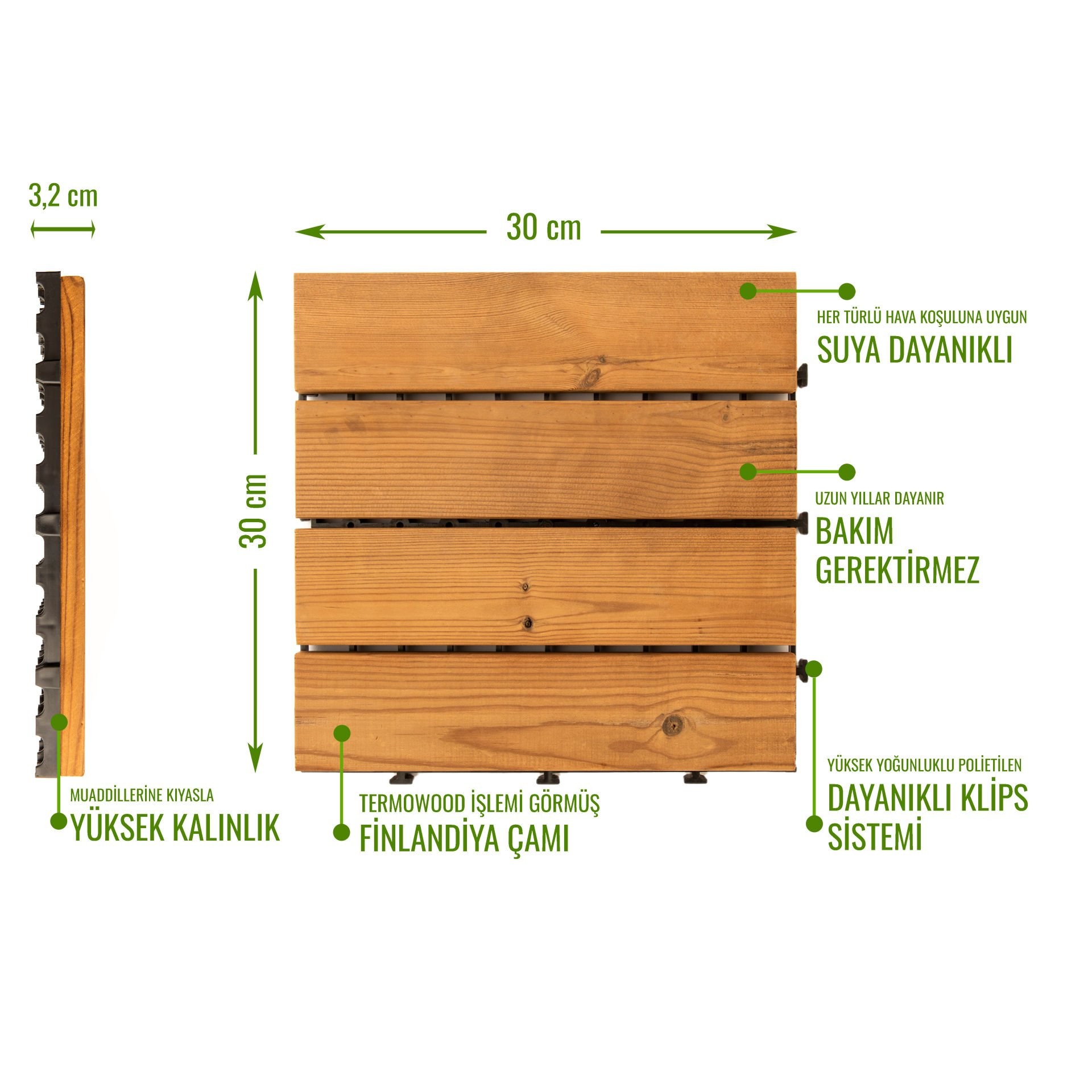 SUNSOE Fin Çamı Balkon Bahçe Ahşap Yer Döşemesi Karo Deck 30x30 cm - 10 Adet(0,9m2)