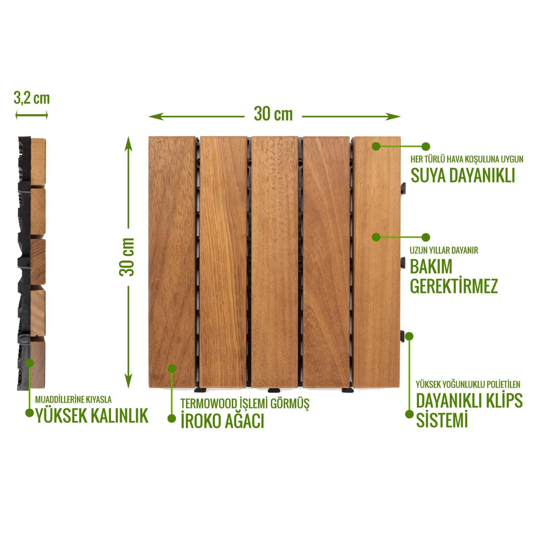 SUNSOE İroko Ağacı Balkon Bahçe Ahşap Yer Döşemesi Karo Deck 30x30 cm – 10 Adet (0,9m2)