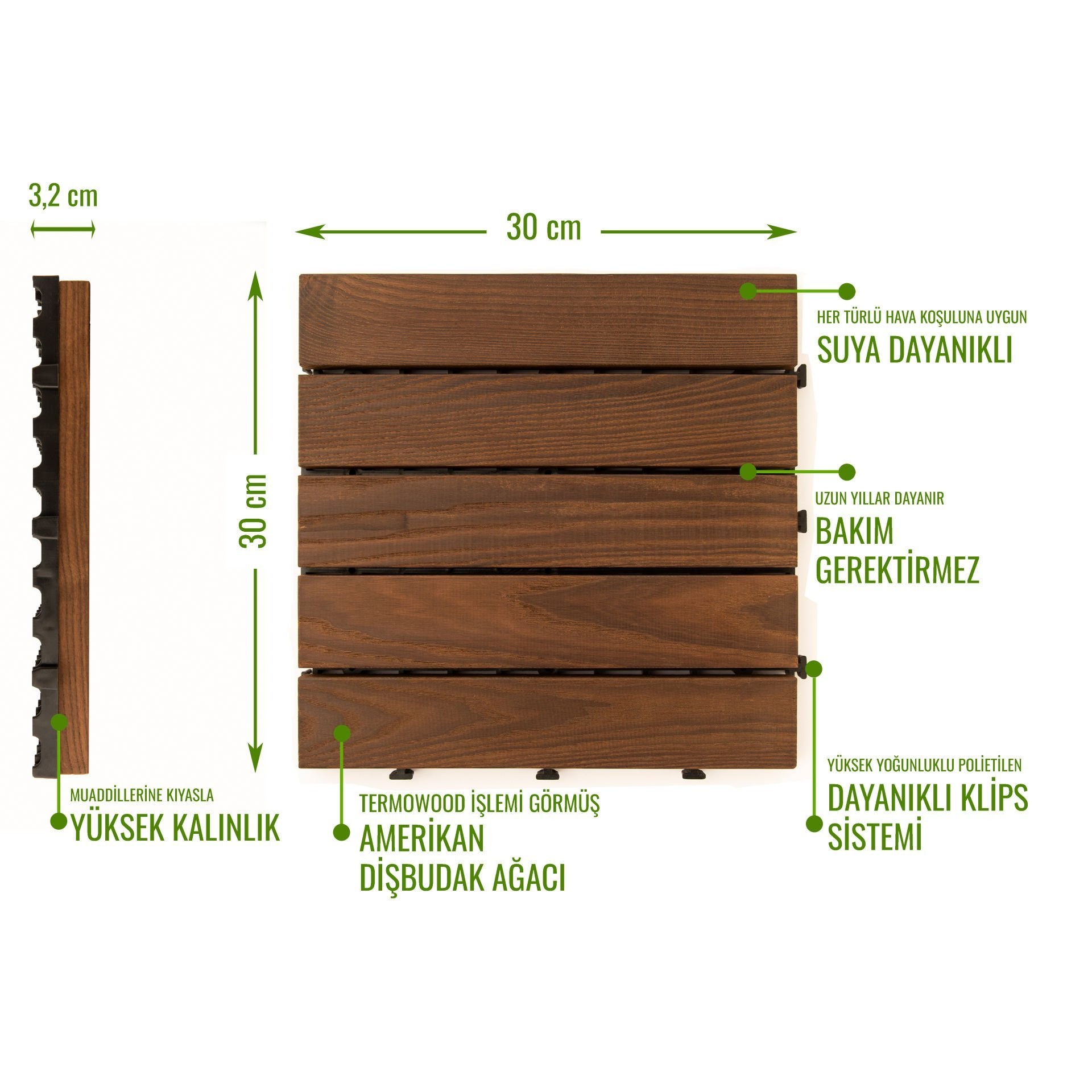 Sunsoe Dişbudak Ağacı Balkon Bahçe Ahşap Yer Döşemesi Karo Deck 30x30 cm - 1 Adet (0,09m2)