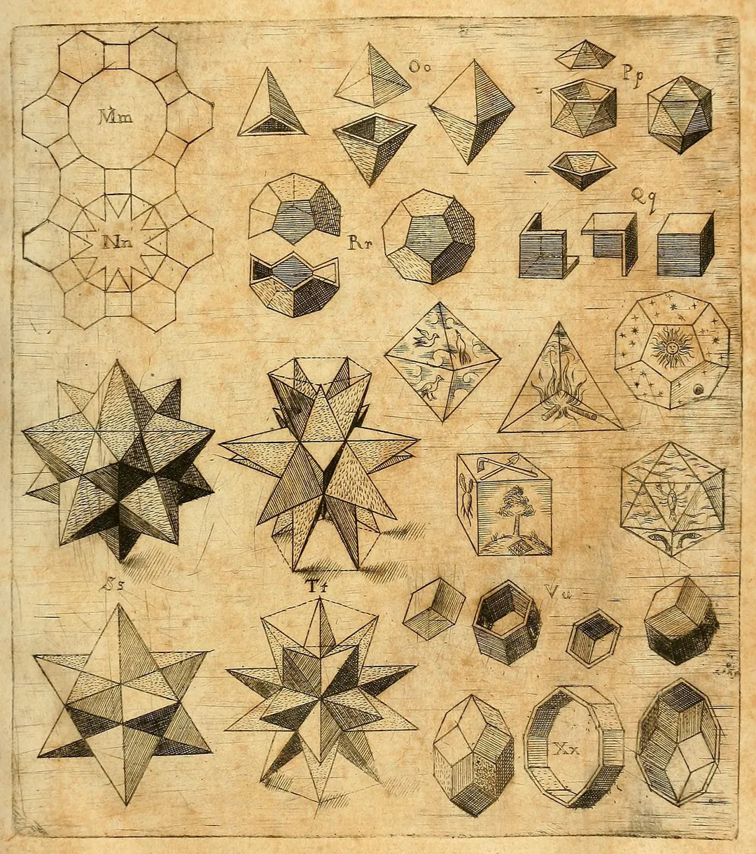 Page with geometric illustrations, including a truncated trihexagonal tiling, the stellated dodecahedra (small and great) and the Platonic solids assigned to elements.