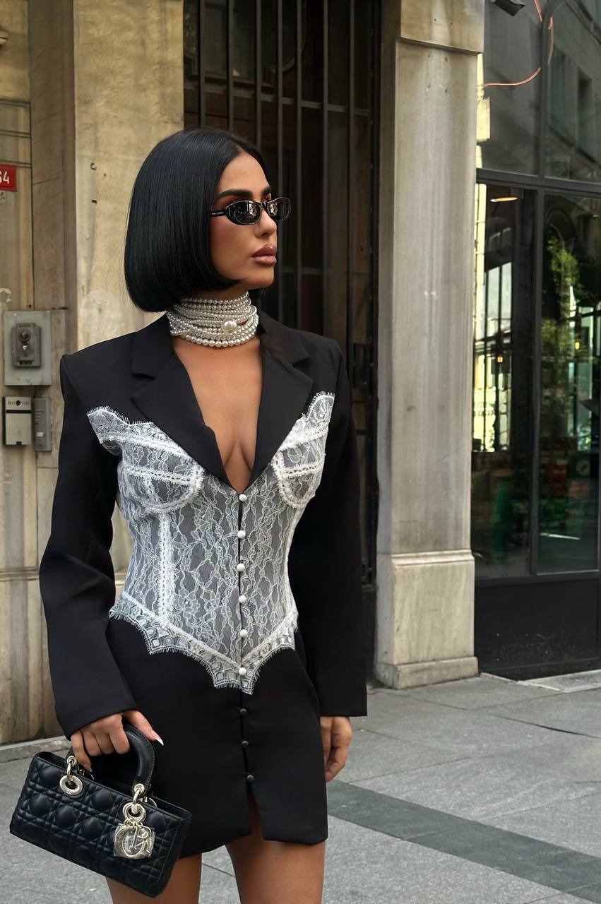 Dantel Detay Dabıl Kumaş Ceket Elbise