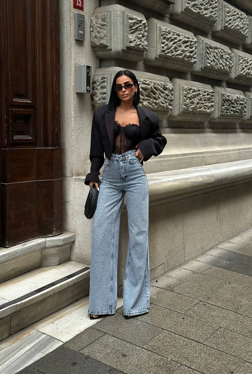 Yüksek Bel Taş Detaylı Wide Leg Jean GLM-584