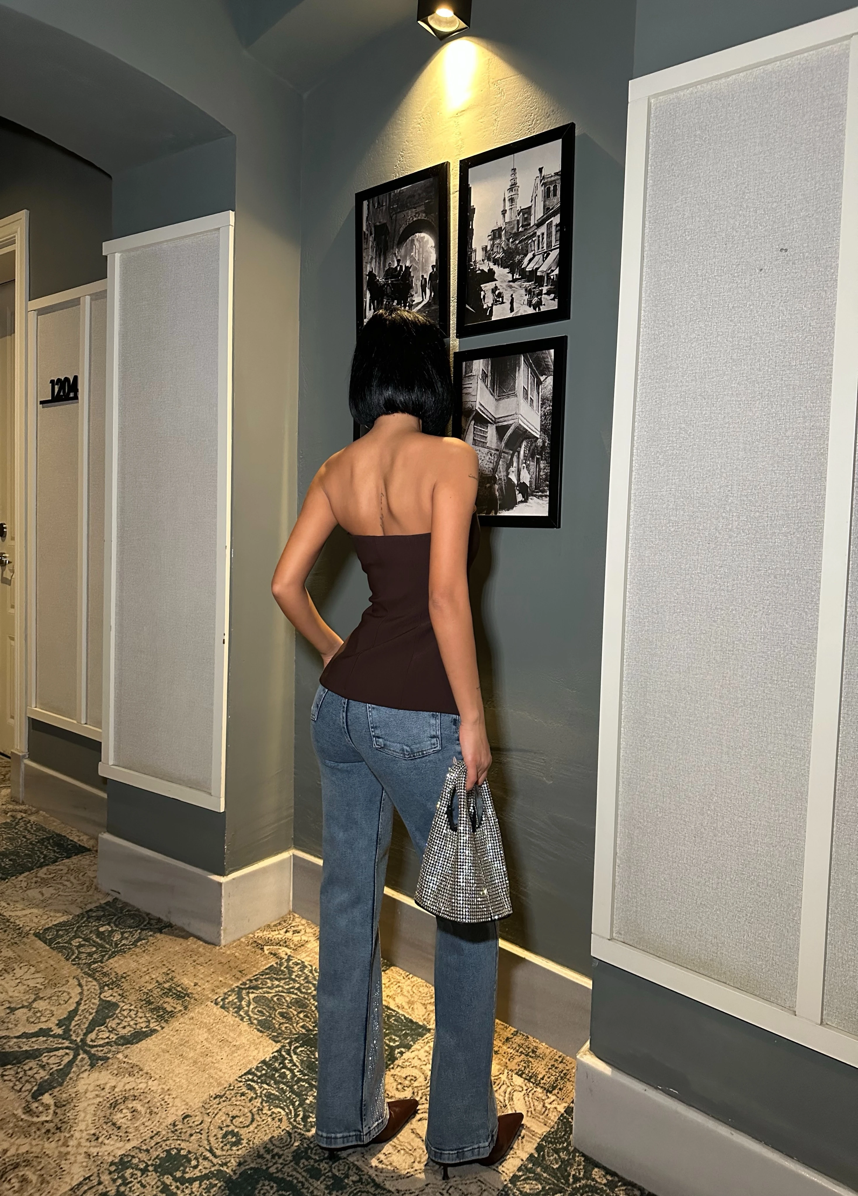 Parlak Taş Şerit Desen Palazzo Jean Pantolon GLM-618