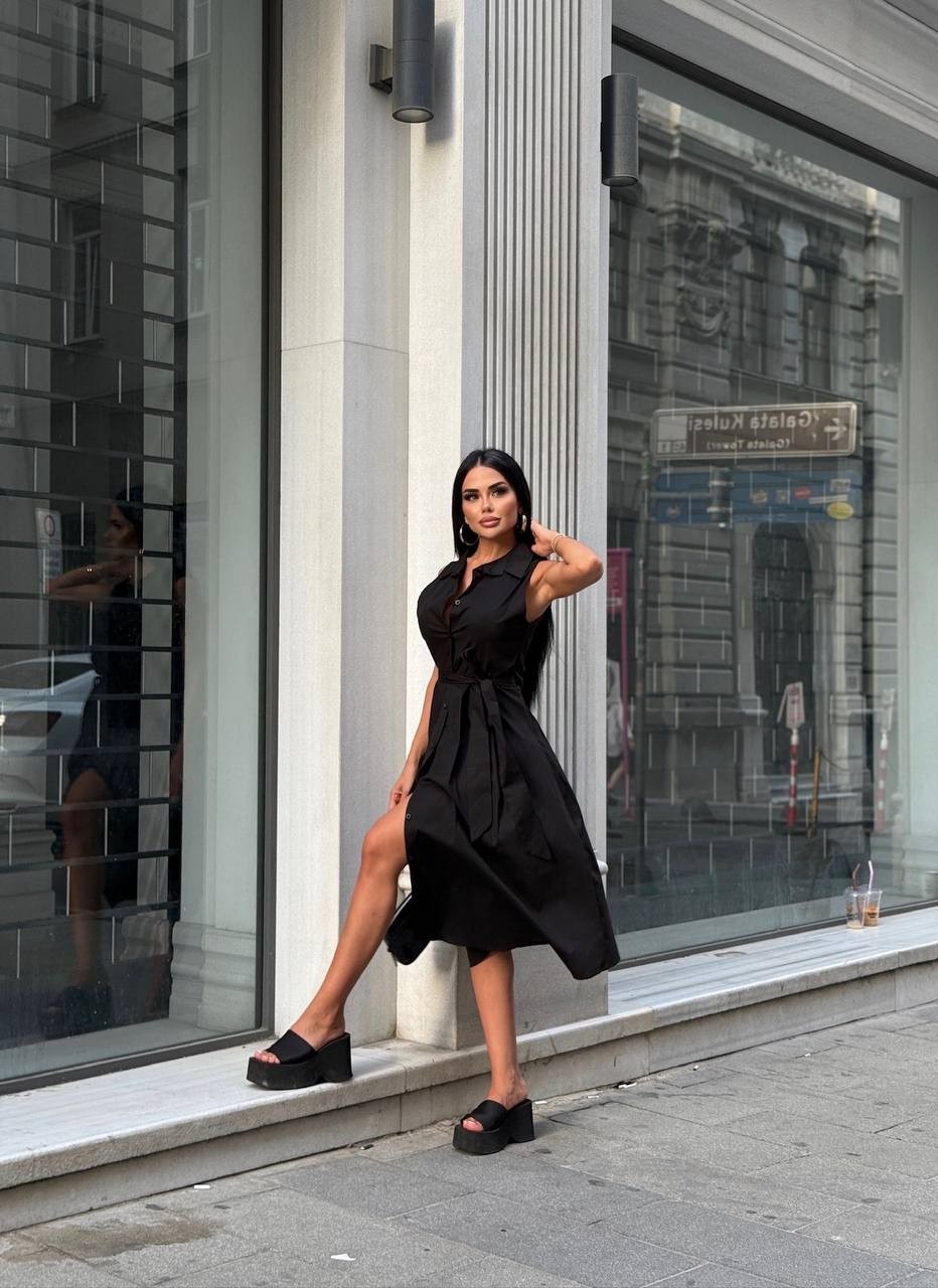 Kuşak Detay Düğmeli Midi Elbise GLM-544
