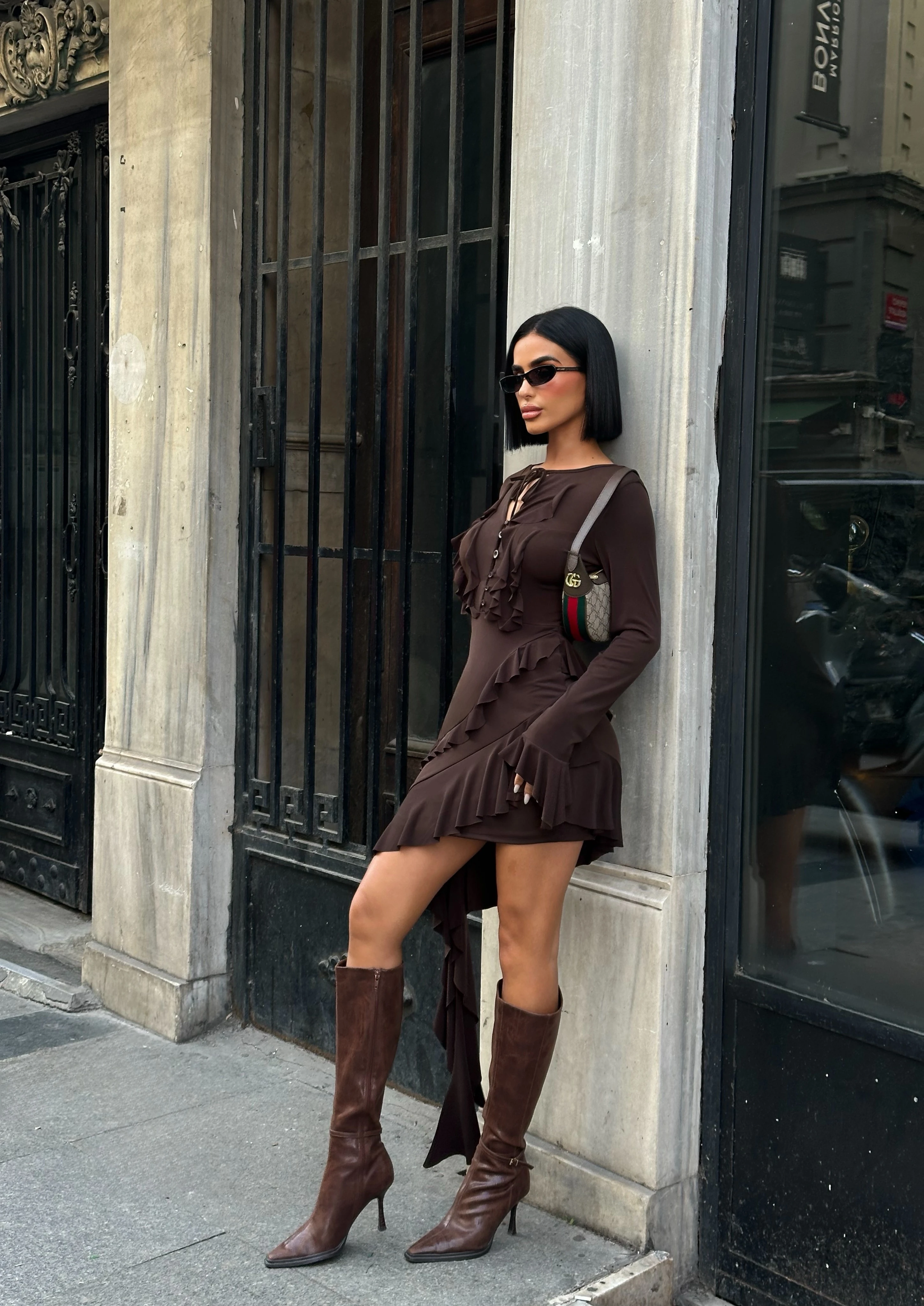 Fırfır Detaylı Acı Kahve Asimetrik Elbise GLM-622