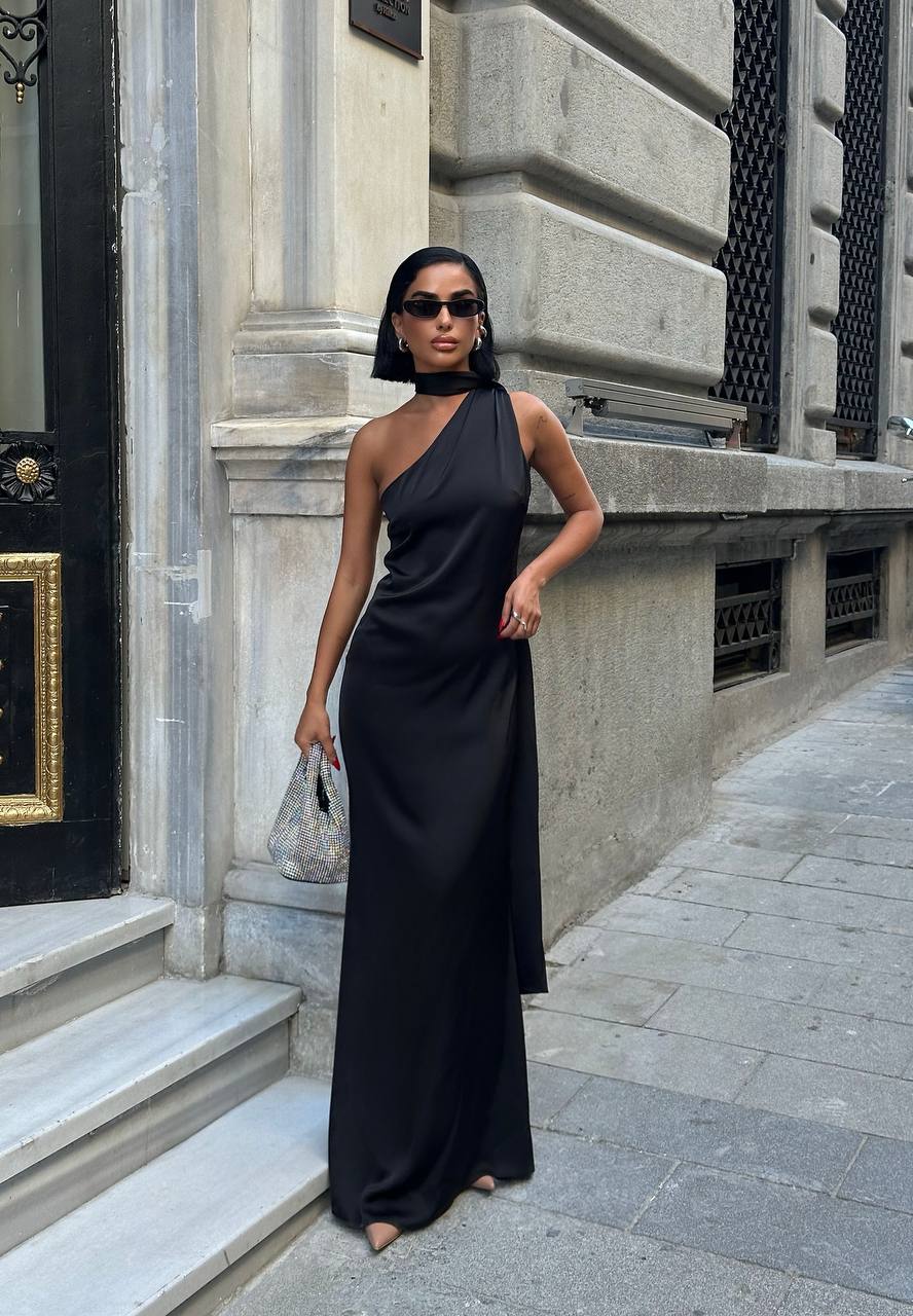 Şal Detay Tek Omuz Saten Elbise GLM-604