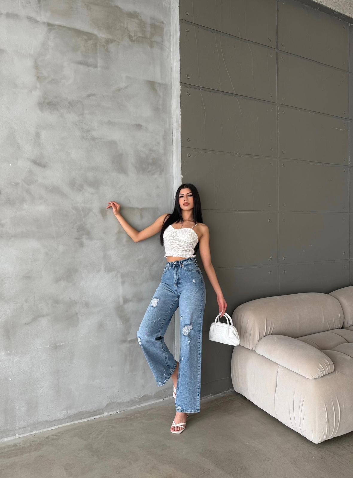 Yüksek Bel Yırtık Detaylı Mavi Palazzo GLM-575