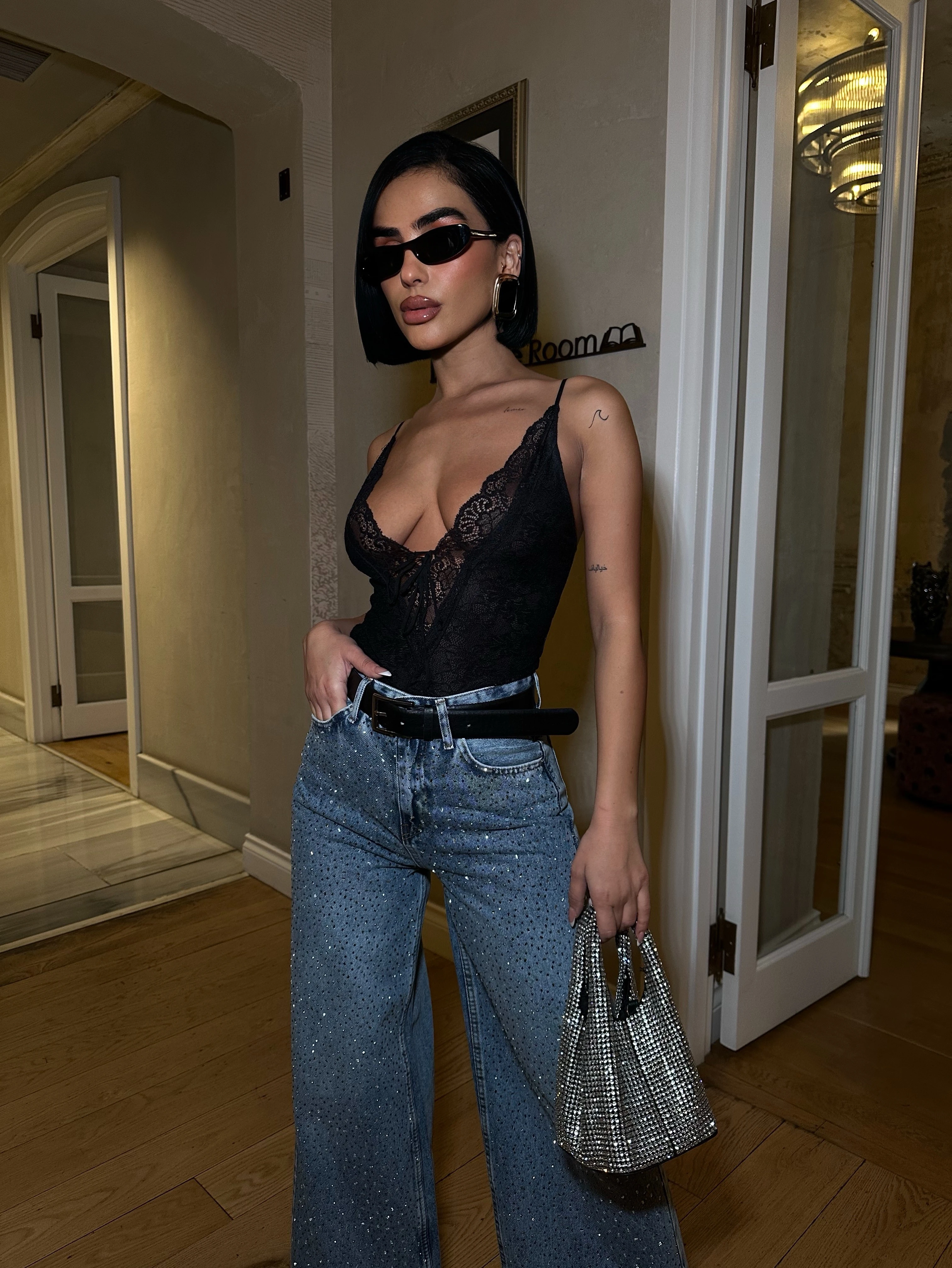 Yüksek Bel Taşlı Wide Leg Baggy Jean