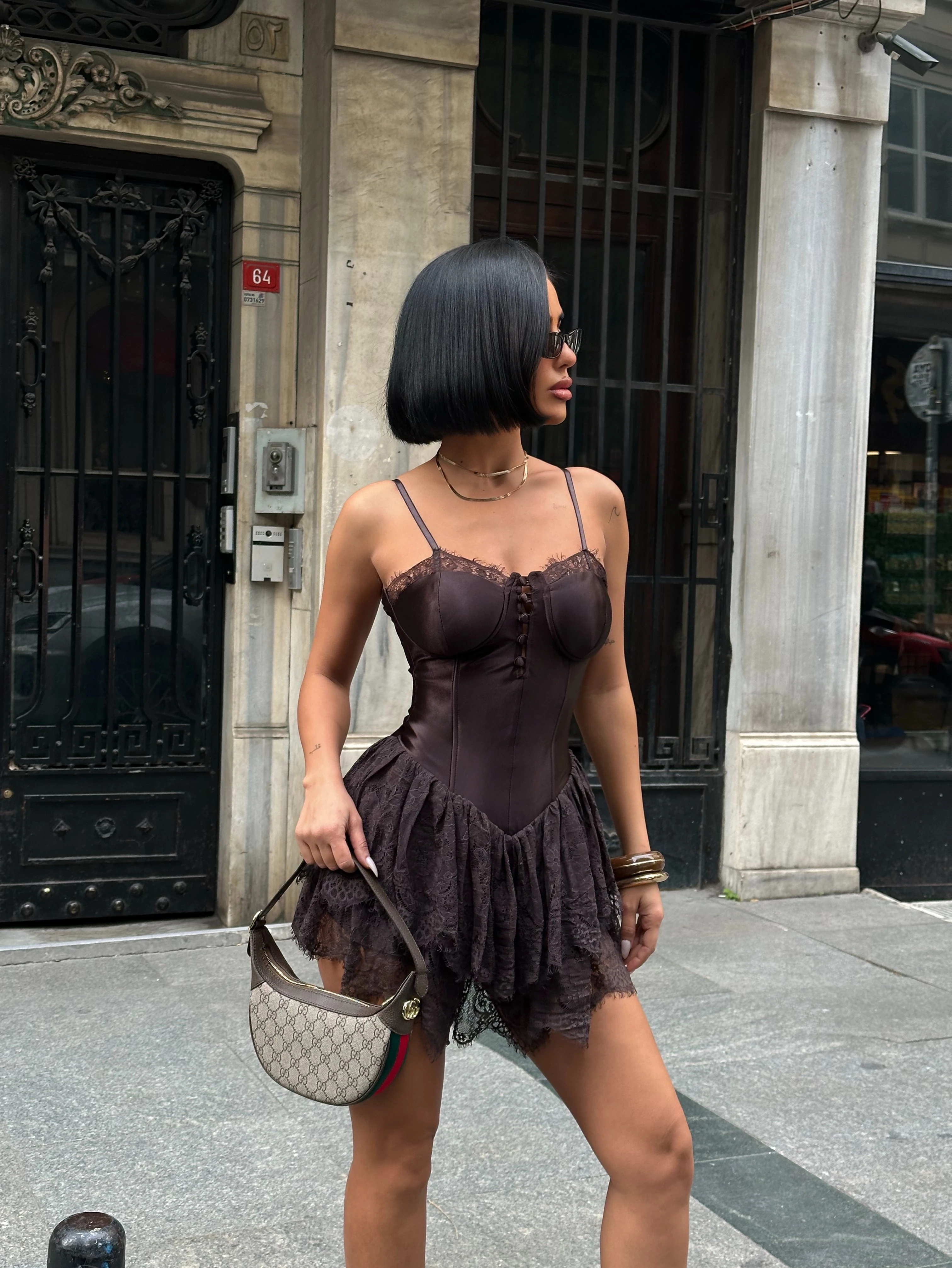 Dantel Detaylı Acı Kahve Mini Elbise GLM-620