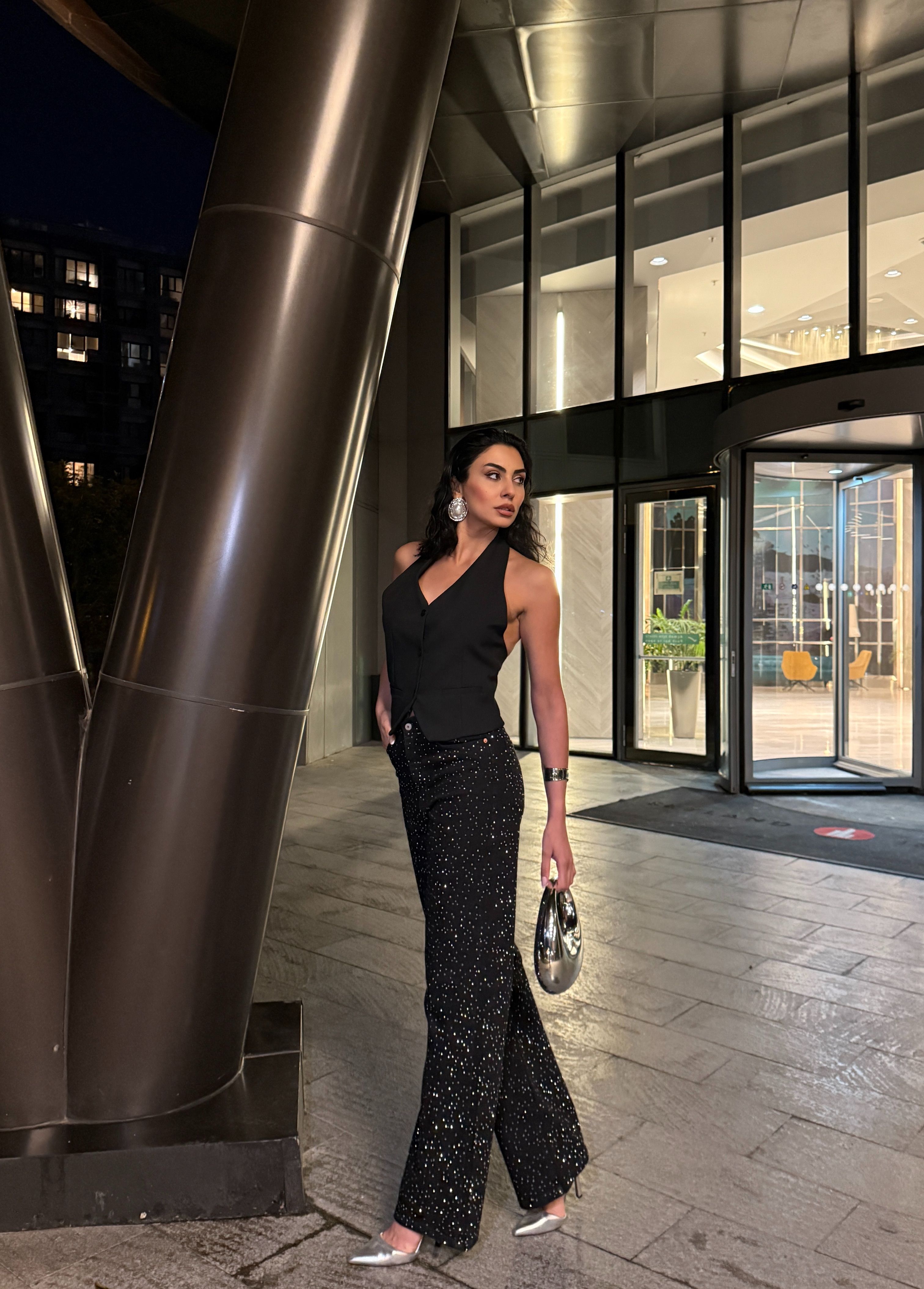 Işıltılı Kristal Taşlı Siyah Jean GLM-488