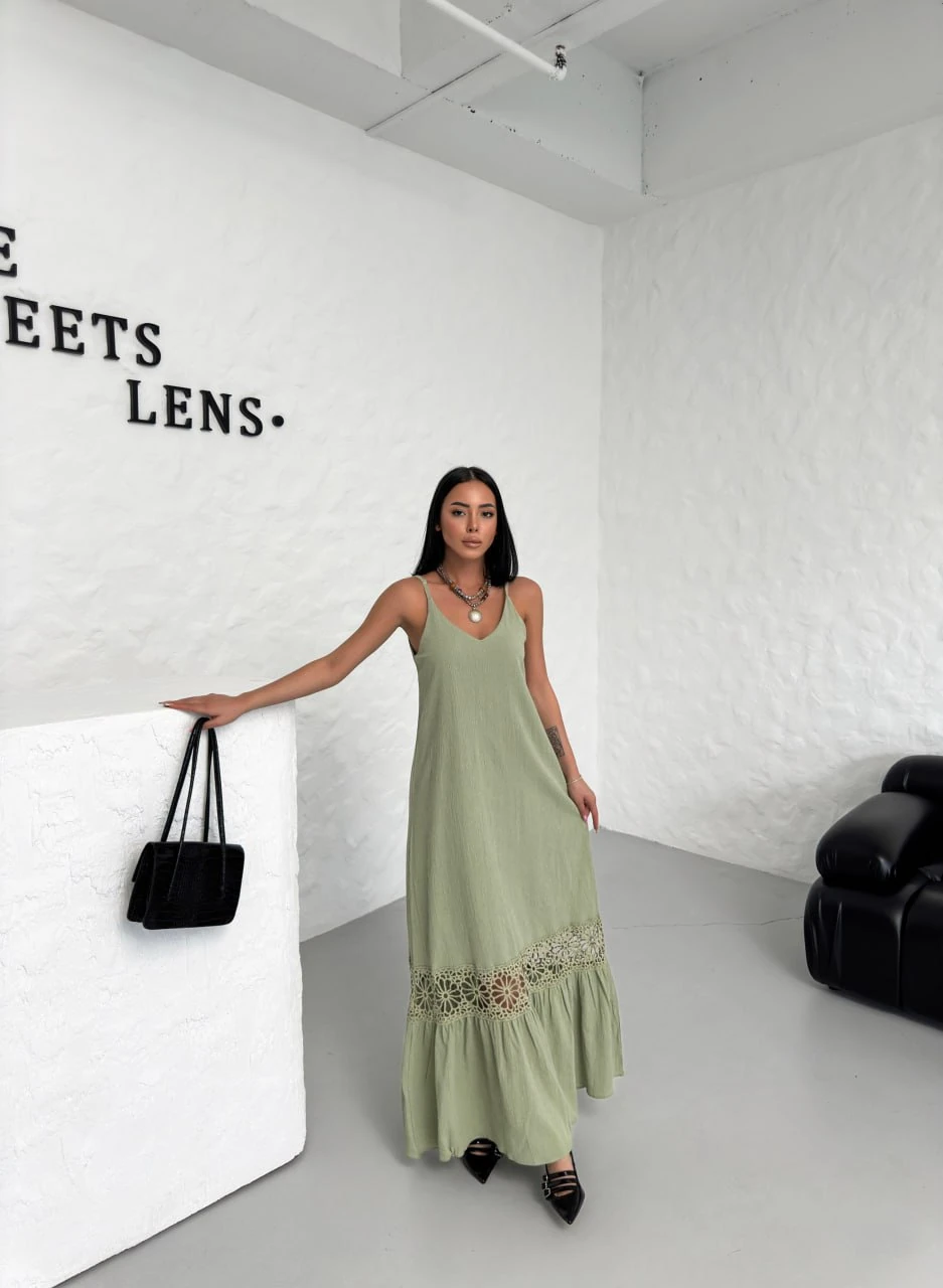 Pamuk Ve Keten Askılı Yaka Önü Düğmeli Elbise main image 1