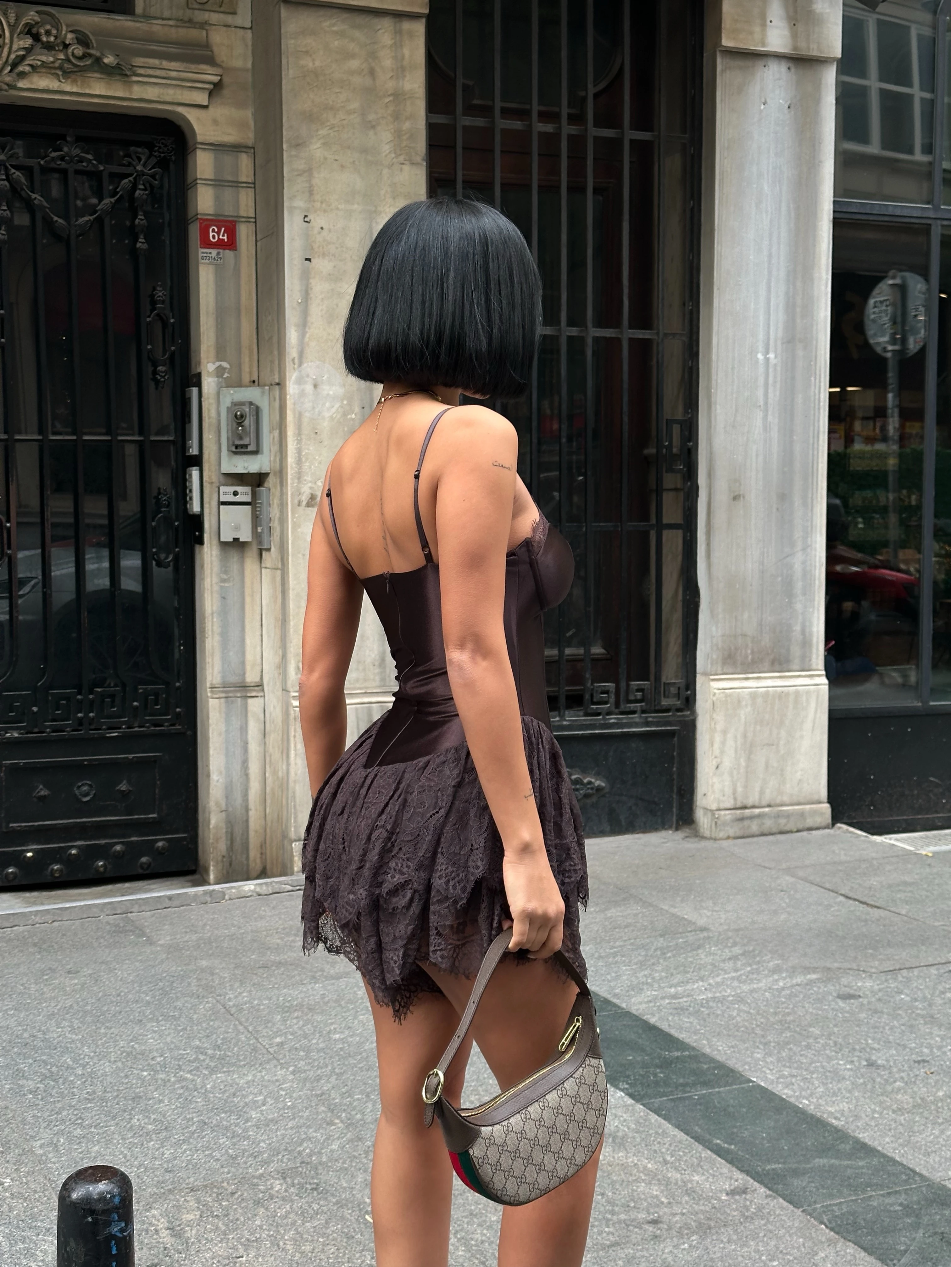 Dantel Detaylı Acı Kahve Mini Elbise GLM-620