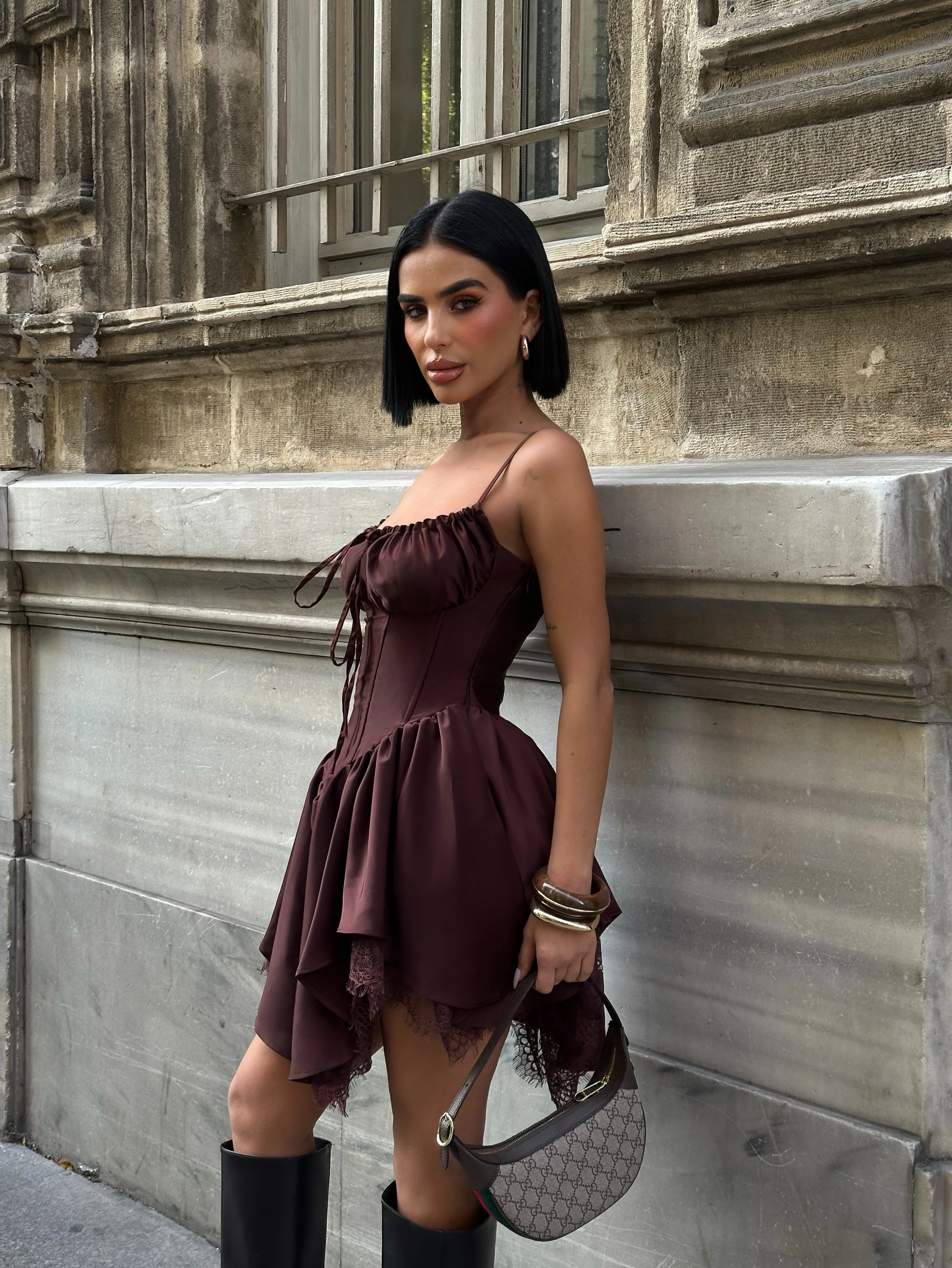 Dantel Detaylı Korseli Acı Kahve Elbise GLM-625