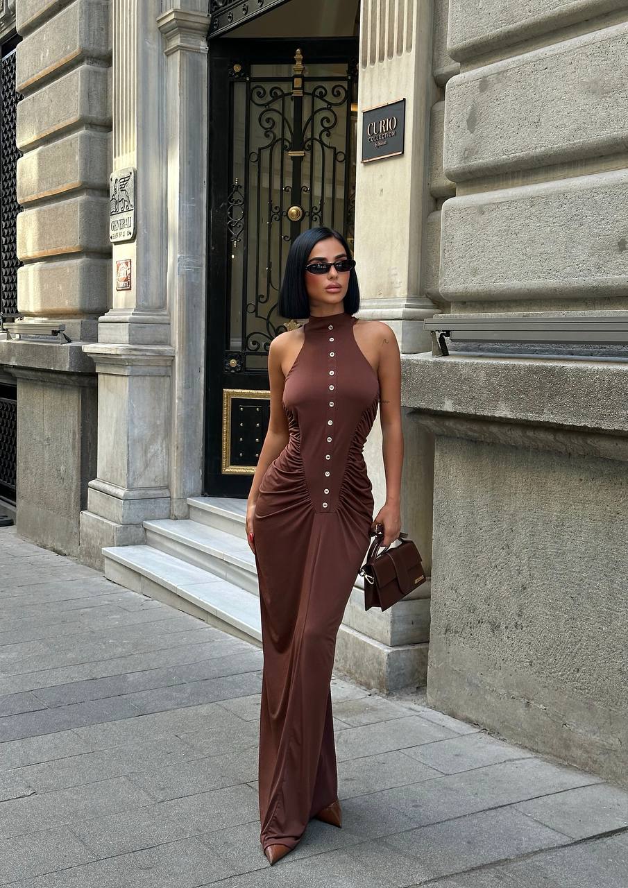 Büzgü Düğme Detay Sandy Elbise GLM-602