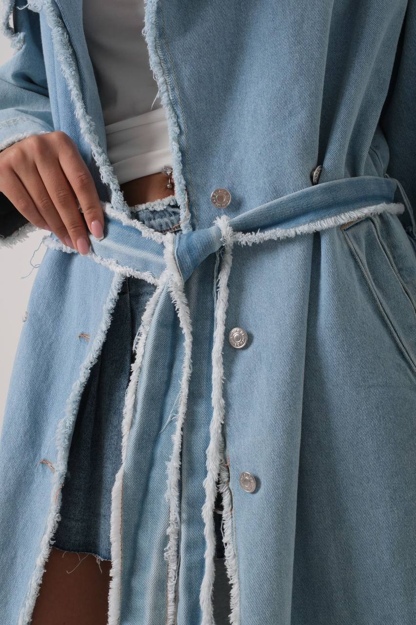 Püskül Detaylı Denim Trençkot