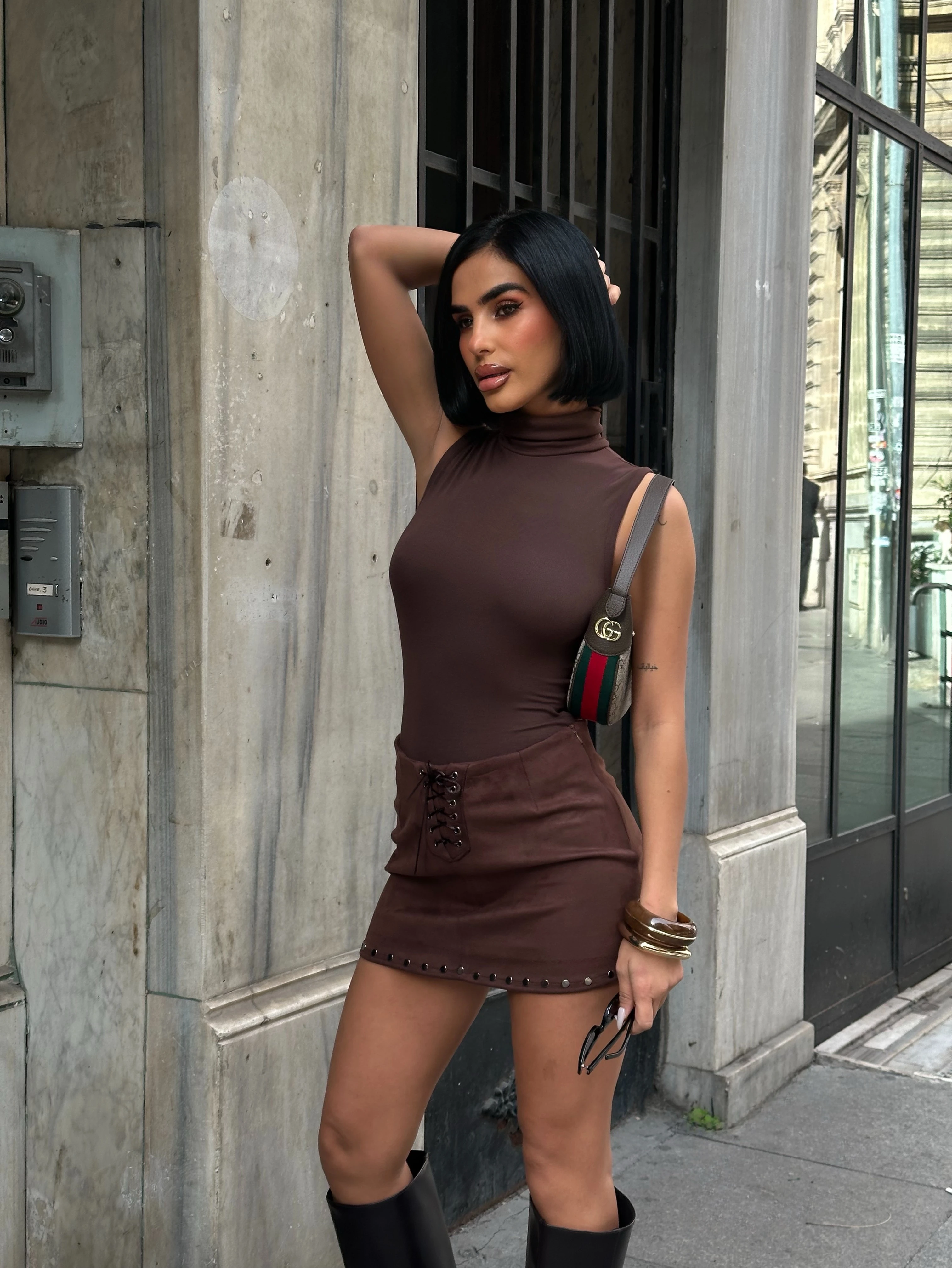 Kuş Gözü Detay Süet Acı Kahve Mini Etek GLM-627