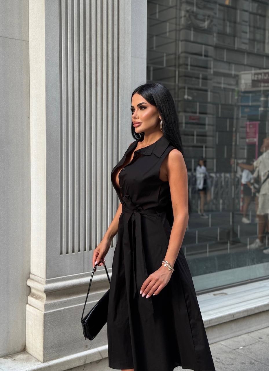 Kuşak Detay Düğmeli Midi Elbise GLM-544