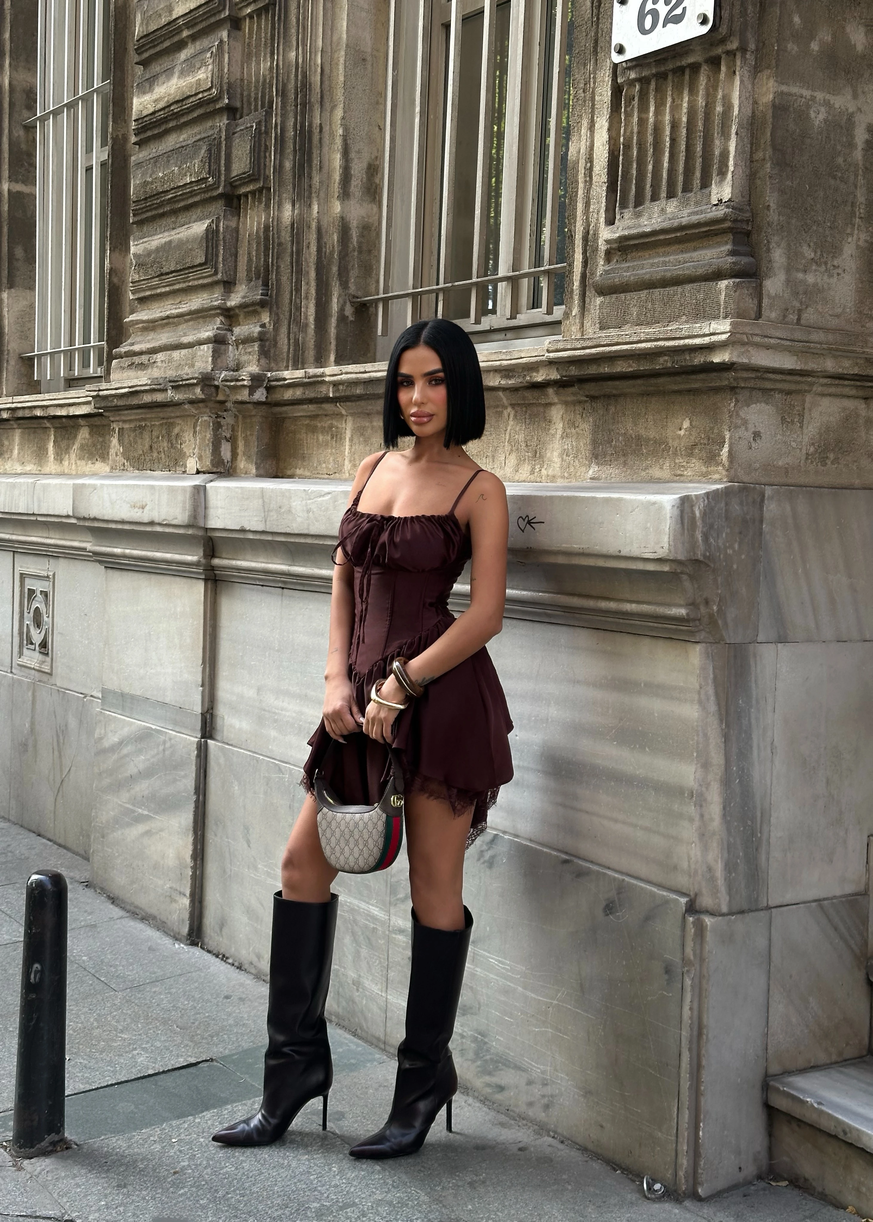 Dantel Detaylı Korseli Acı Kahve Elbise GLM-625