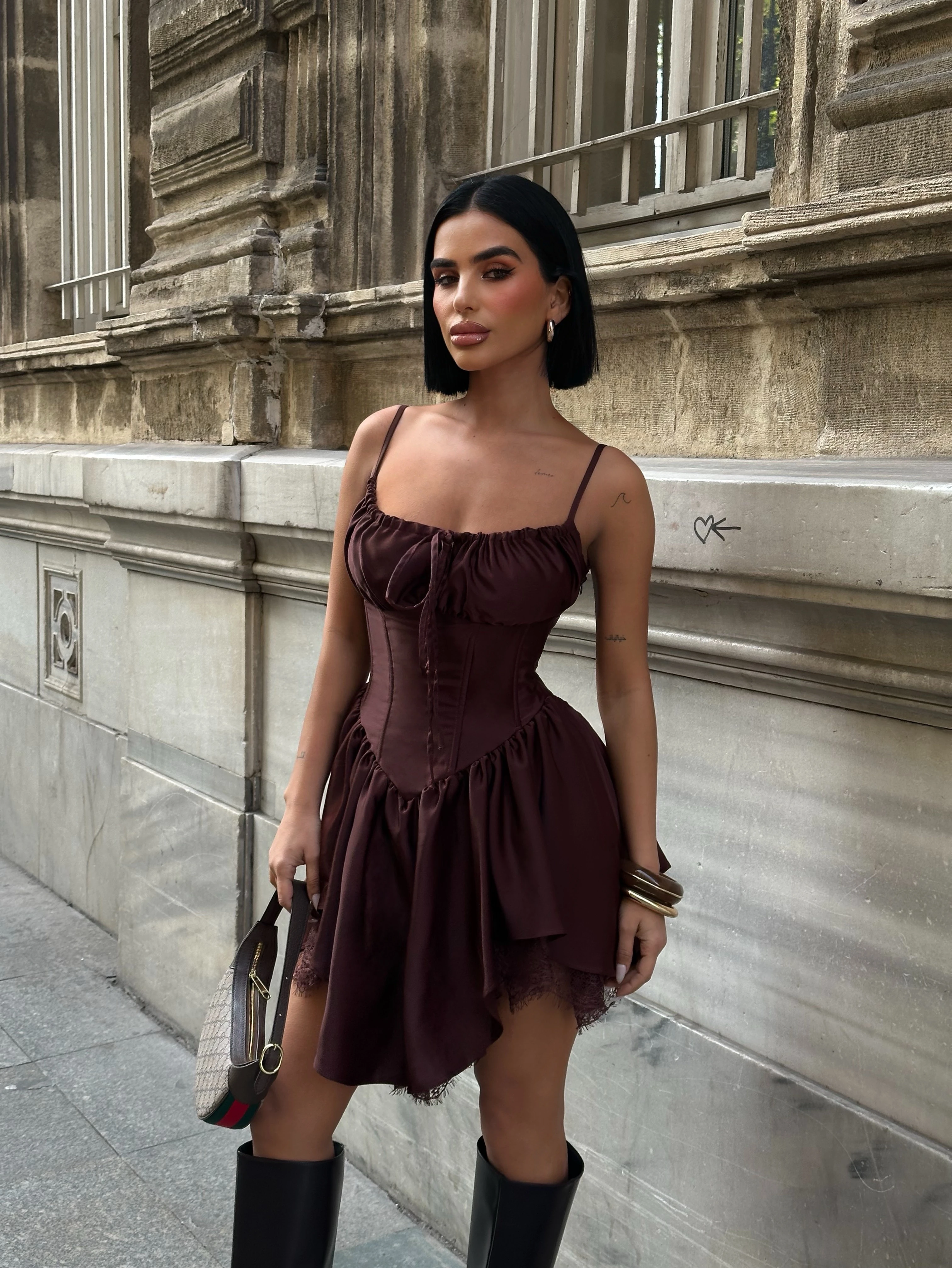 Dantel Detaylı Korseli Acı Kahve Elbise GLM-625