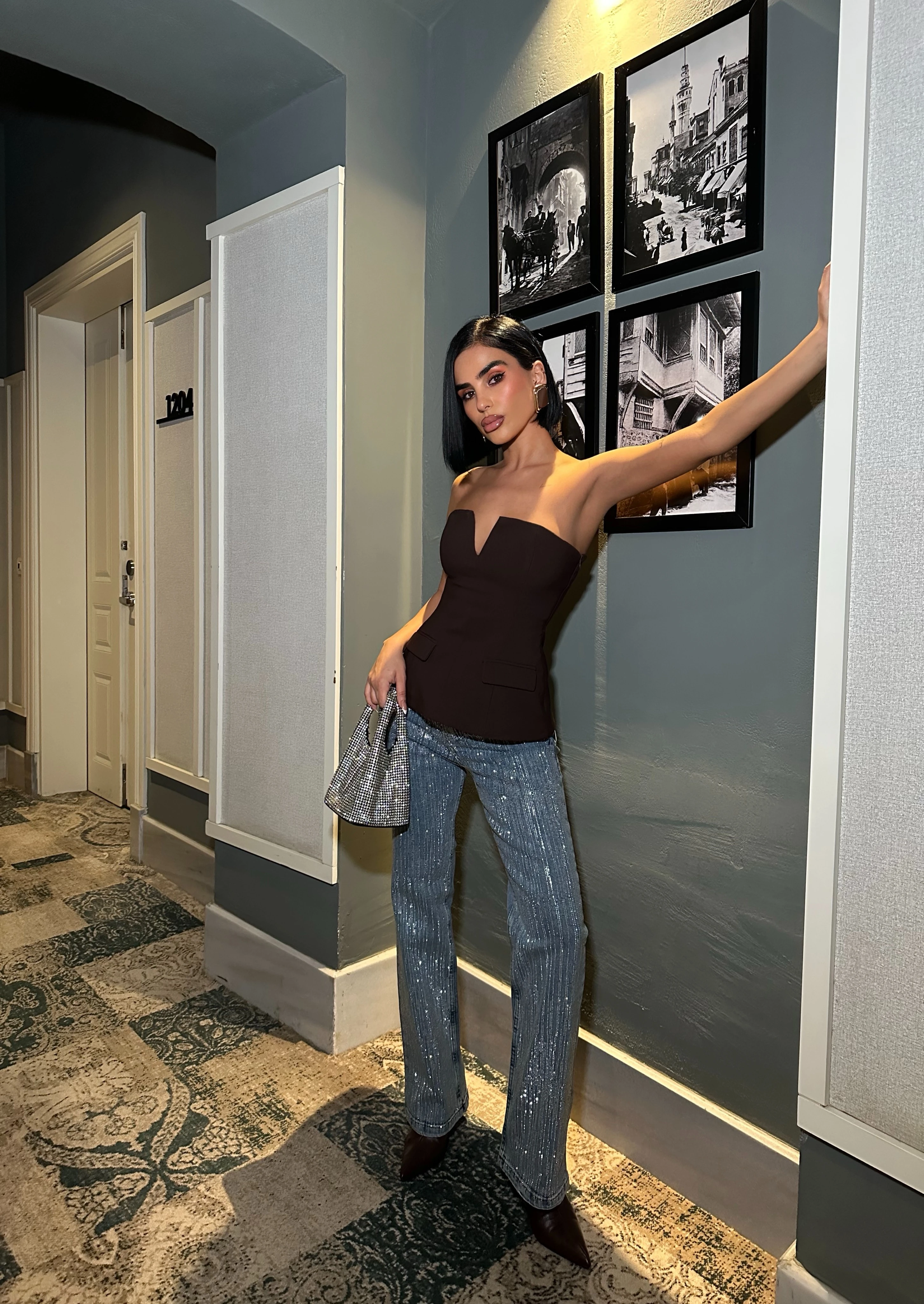 Parlak Taş Şerit Desen Palazzo Jean Pantolon GLM-618